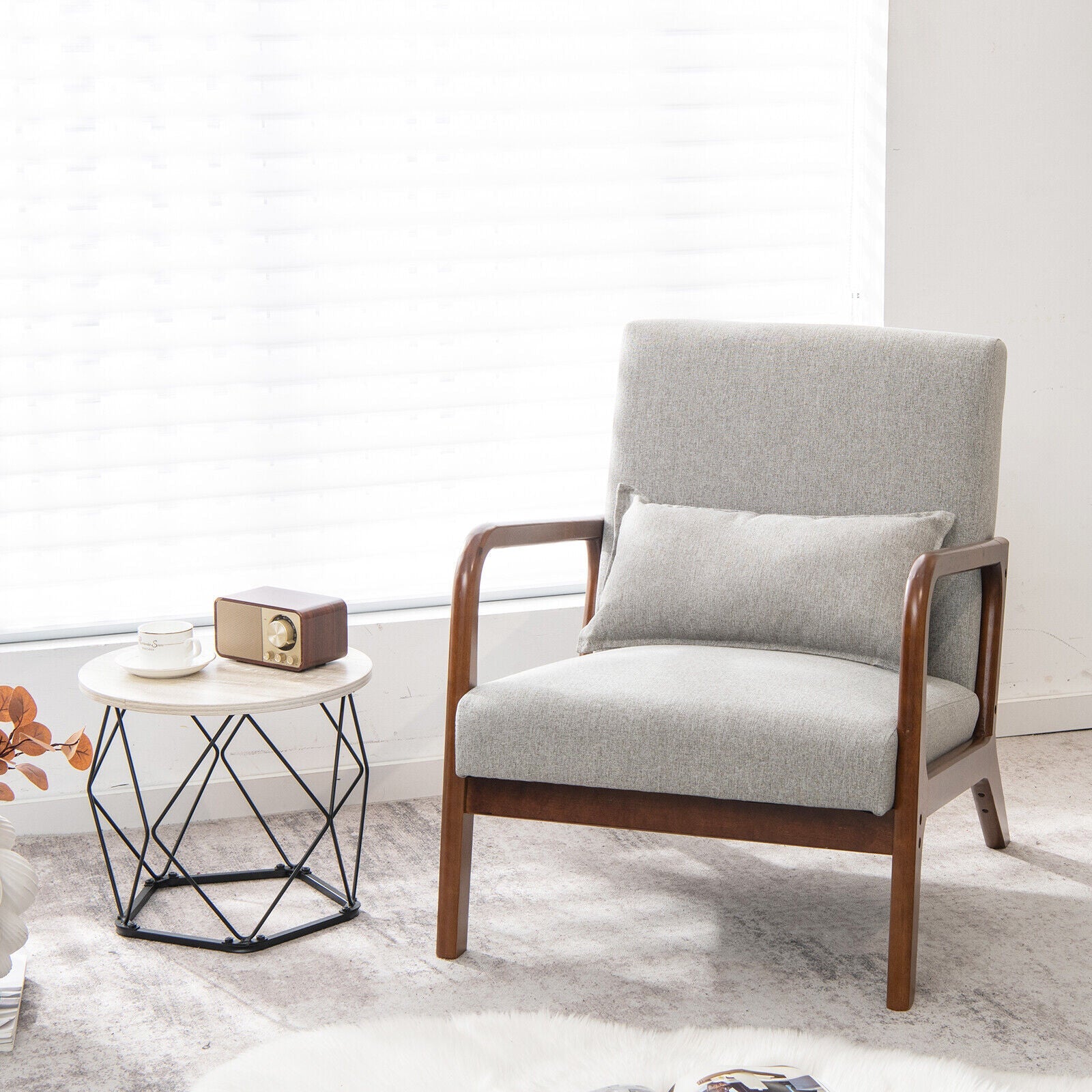 Modern Accent Chair with Rubber Wood Frame and Lumbar Pillow