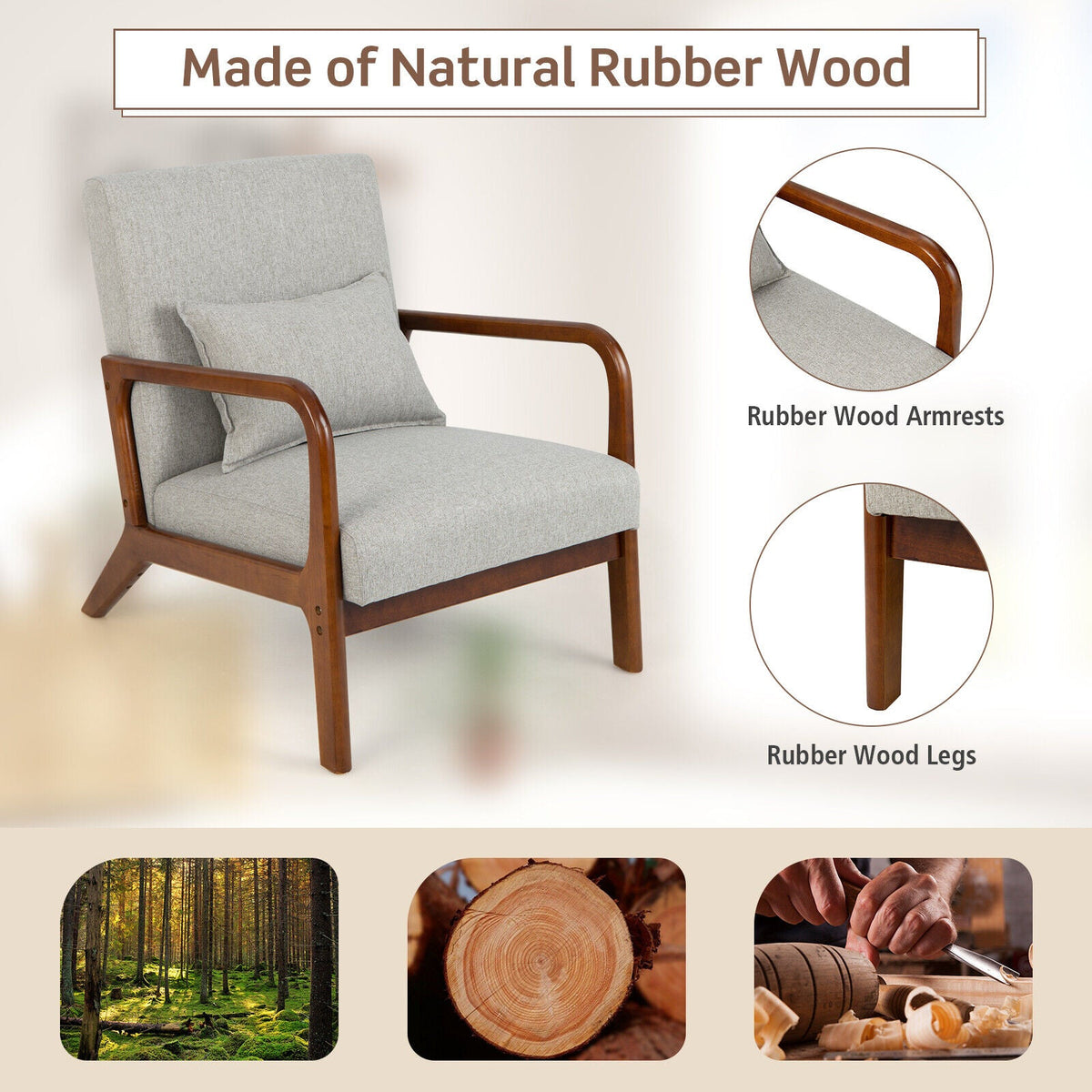 Modern Accent Chair with Rubber Wood Frame and Lumbar Pillow