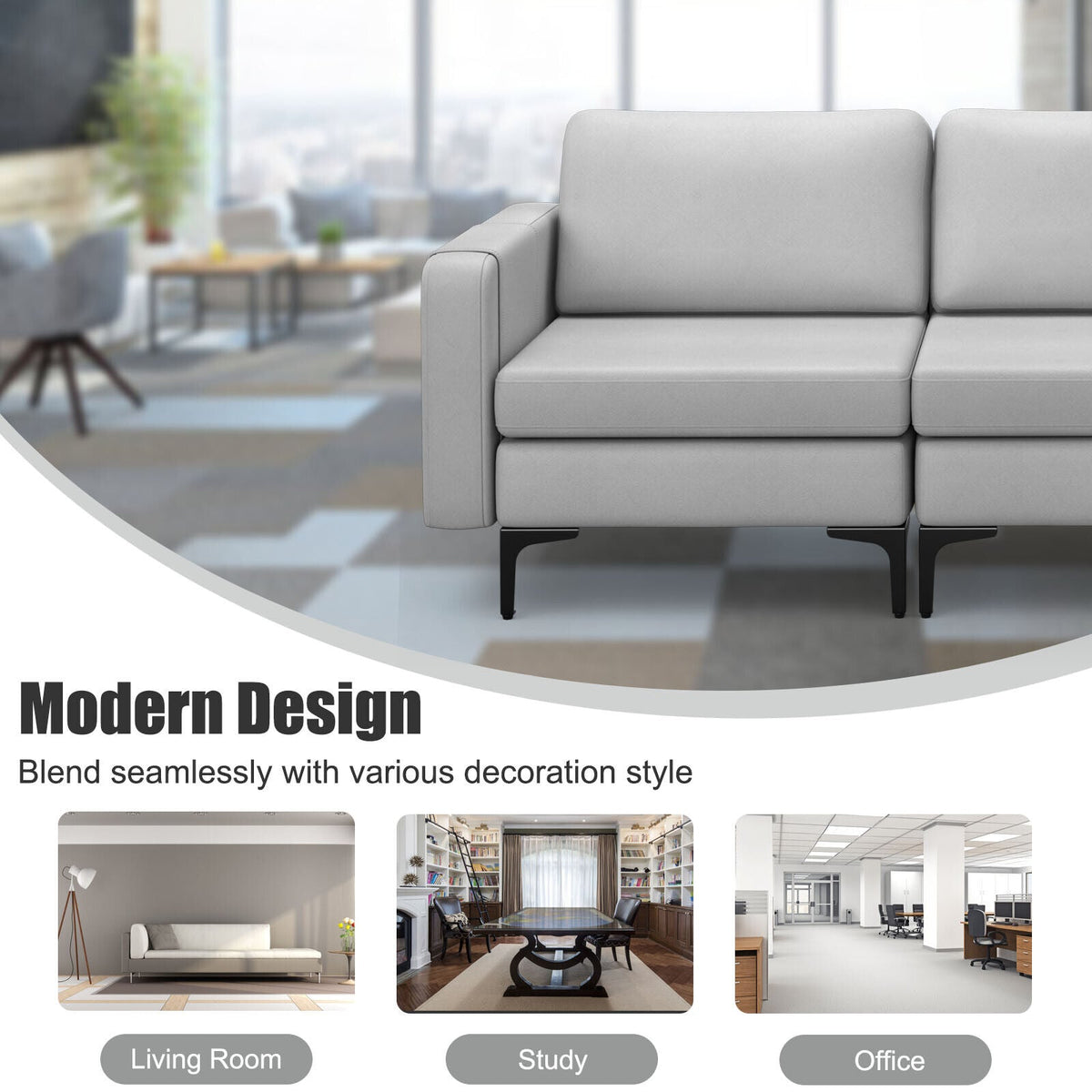 3-Seat Sectional Sofa Couch with Armrest Magazine Pocket and Metal Leg