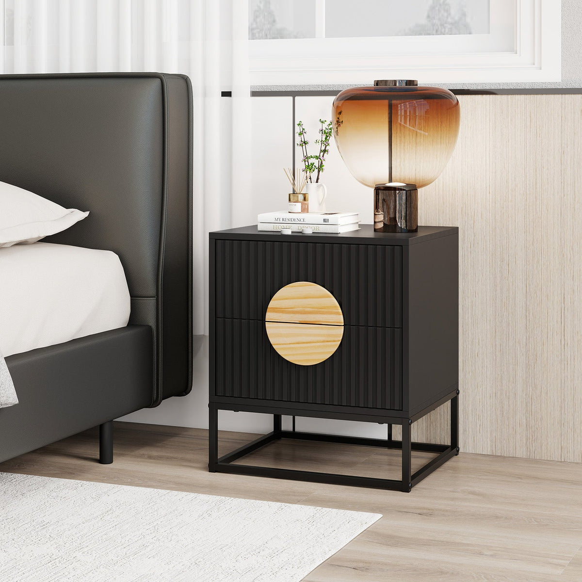 Modern Mid Century Fluted Nightstand with 2 Drawers and Pine Wood Handles for Bedroom