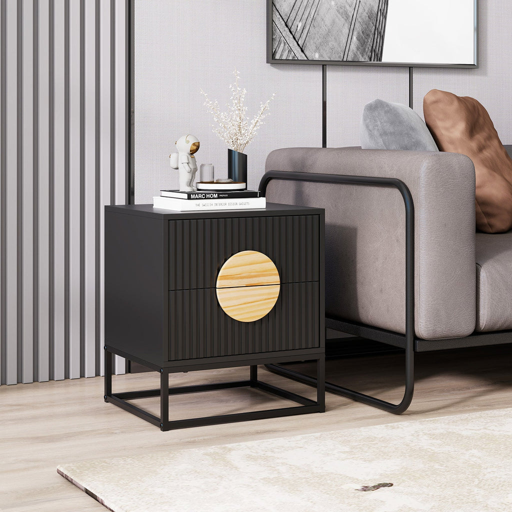 Modern Mid Century Fluted Nightstand with 2 Drawers and Pine Wood Handles for Bedroom