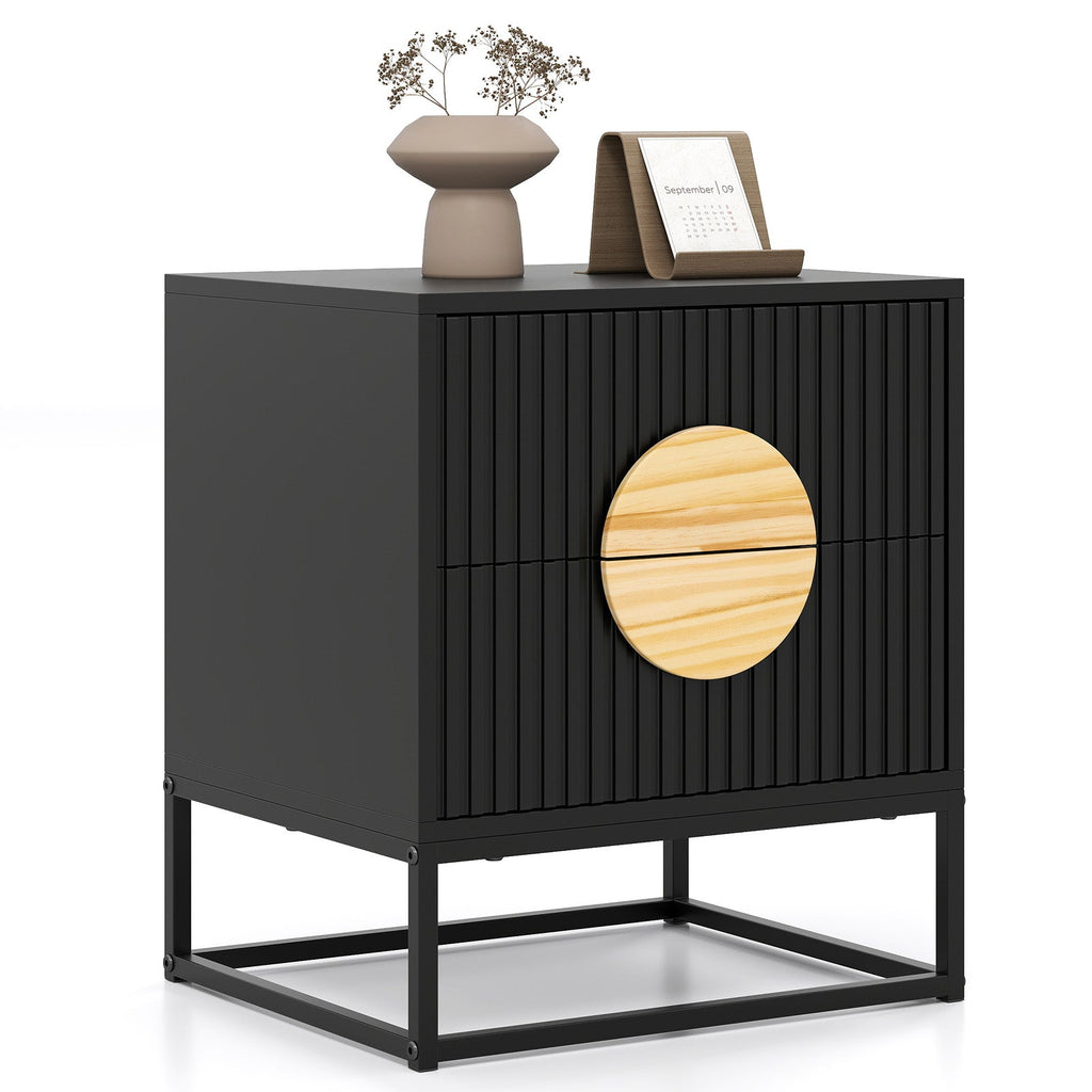 Modern Mid Century Fluted Nightstand with 2 Drawers and Pine Wood Handles for Bedroom