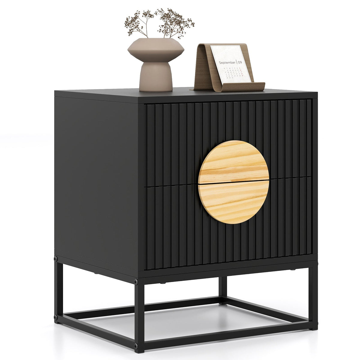 Modern Mid Century Fluted Nightstand with 2 Drawers and Pine Wood Handles for Bedroom