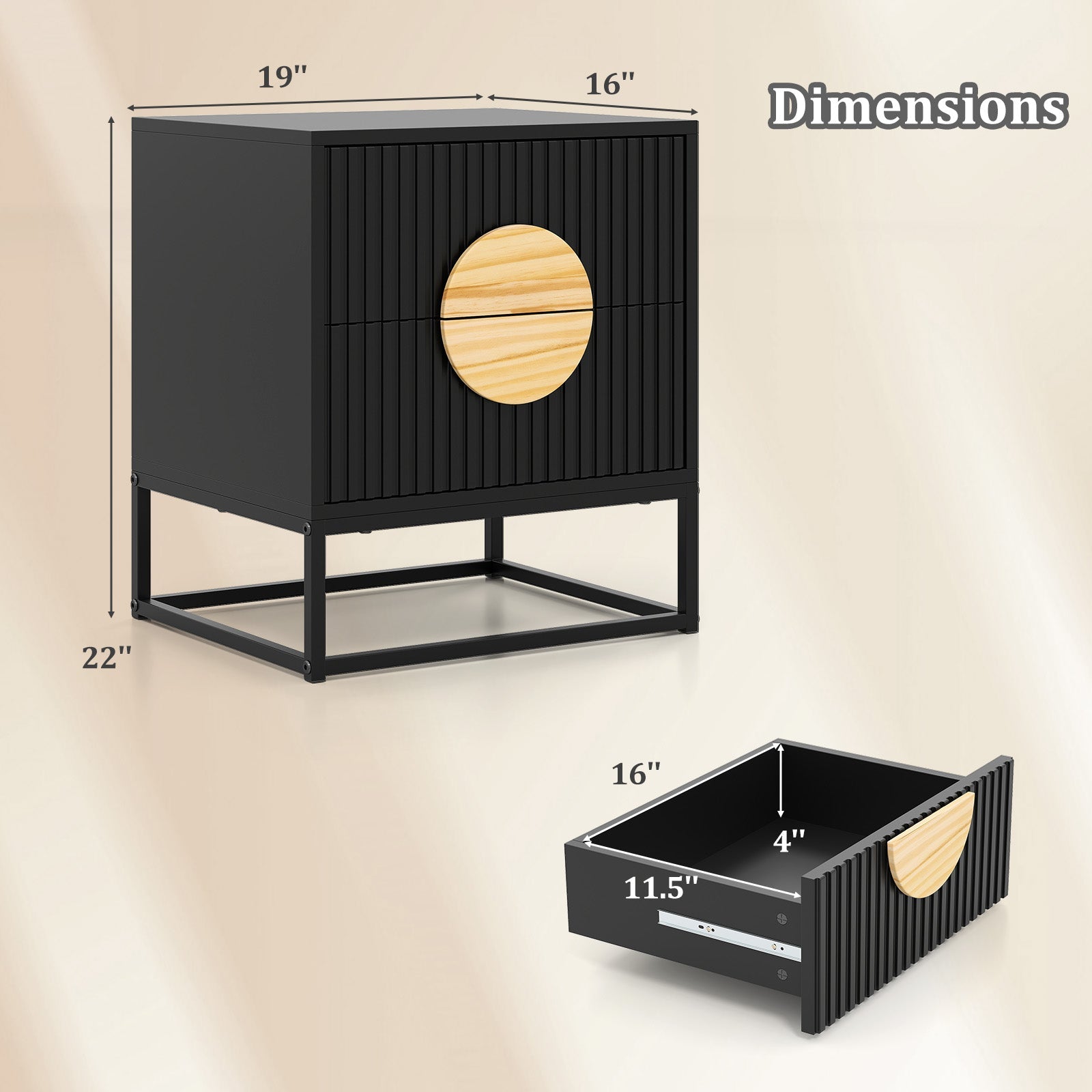 Modern Mid Century Fluted Nightstand with 2 Drawers and Pine Wood Handles for Bedroom