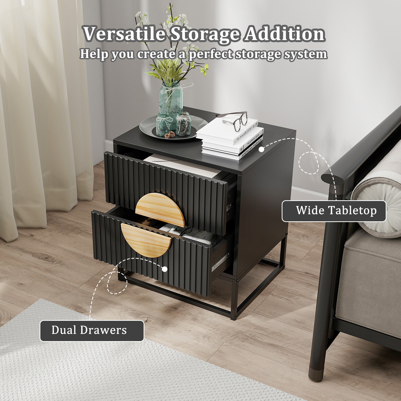 Modern Mid Century Fluted Nightstand with 2 Drawers and Pine Wood Handles for Bedroom