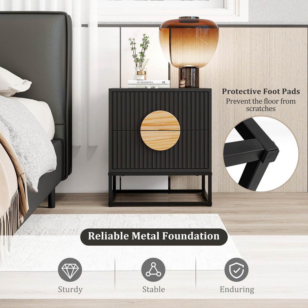 Modern Mid Century Fluted Nightstand with 2 Drawers and Pine Wood Handles for Bedroom