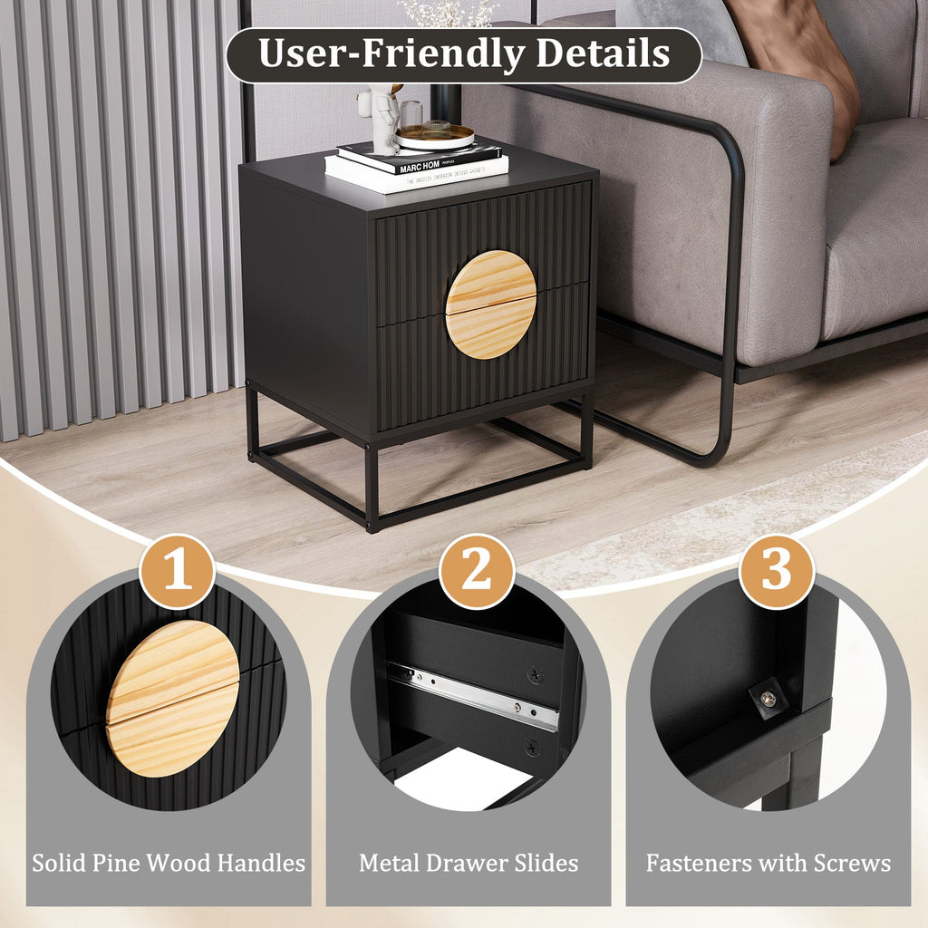 Modern Mid Century Fluted Nightstand with 2 Drawers and Pine Wood Handles for Bedroom