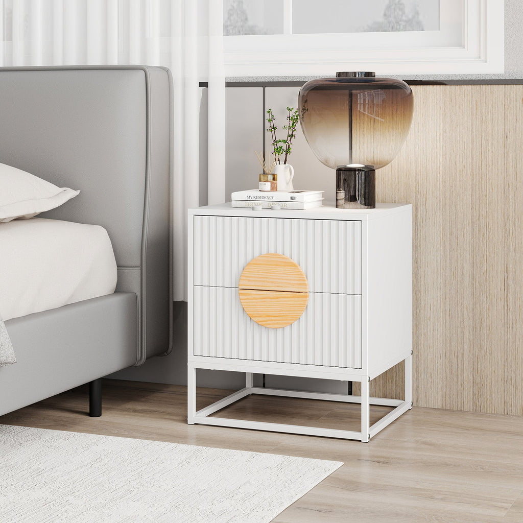Modern Mid Century Fluted Nightstand with 2 Drawers and Pine Wood Handles for Bedroom