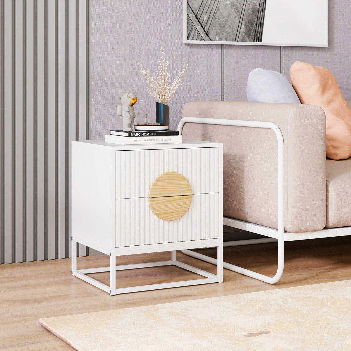 Modern Mid Century Fluted Nightstand with 2 Drawers and Pine Wood Handles for Bedroom