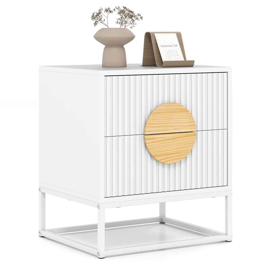 Modern Mid Century Fluted Nightstand with 2 Drawers and Pine Wood Handles for Bedroom