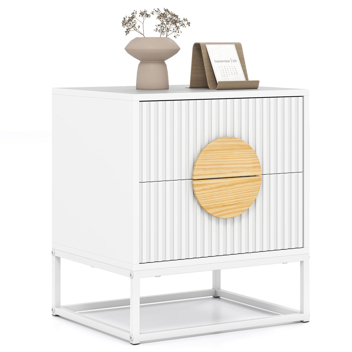 Modern Mid Century Fluted Nightstand with 2 Drawers and Pine Wood Handles for Bedroom