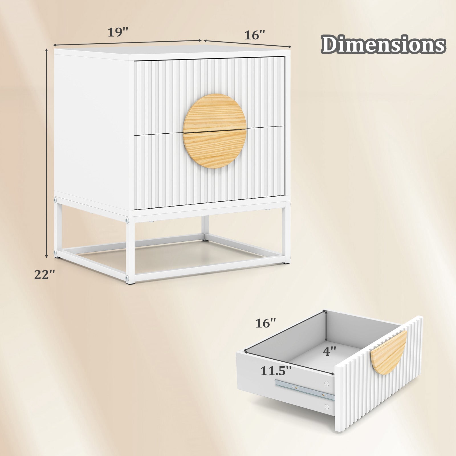 Modern Mid Century Fluted Nightstand with 2 Drawers and Pine Wood Handles for Bedroom