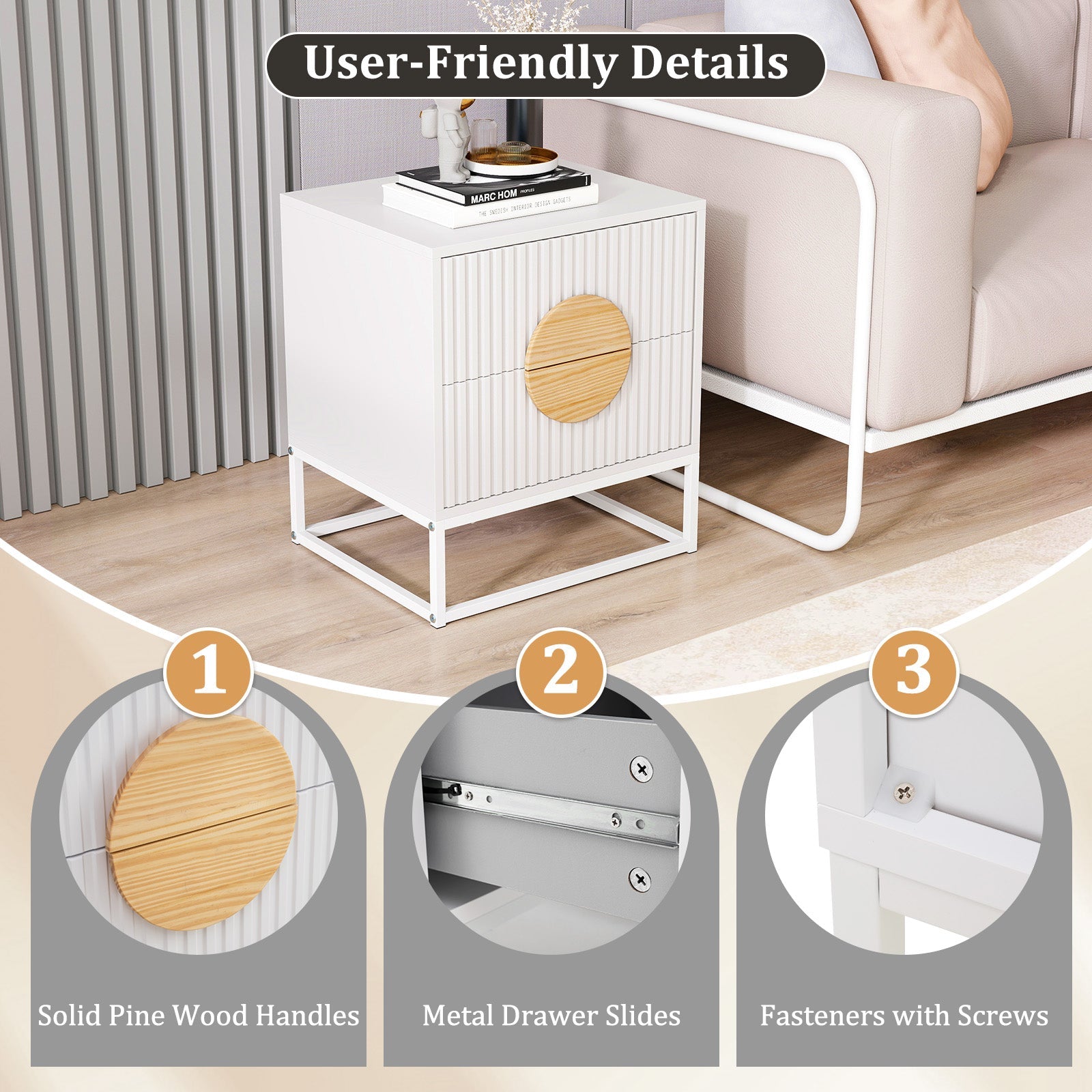 Modern Mid Century Fluted Nightstand with 2 Drawers and Pine Wood Handles for Bedroom
