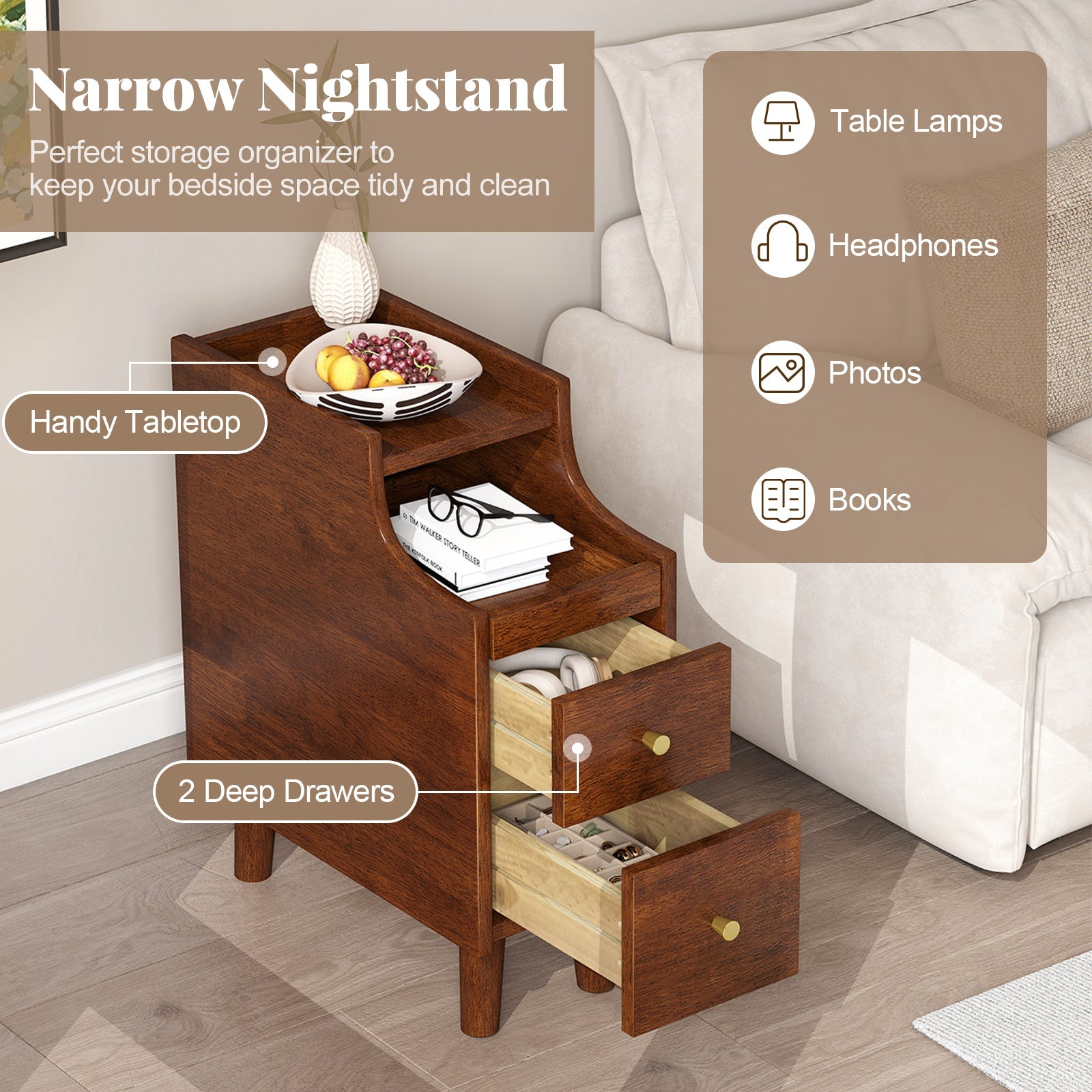 Solid Wood End Table Narrow Bedside Table with Pull-out Tray and 2 Storage Drawers-Brown