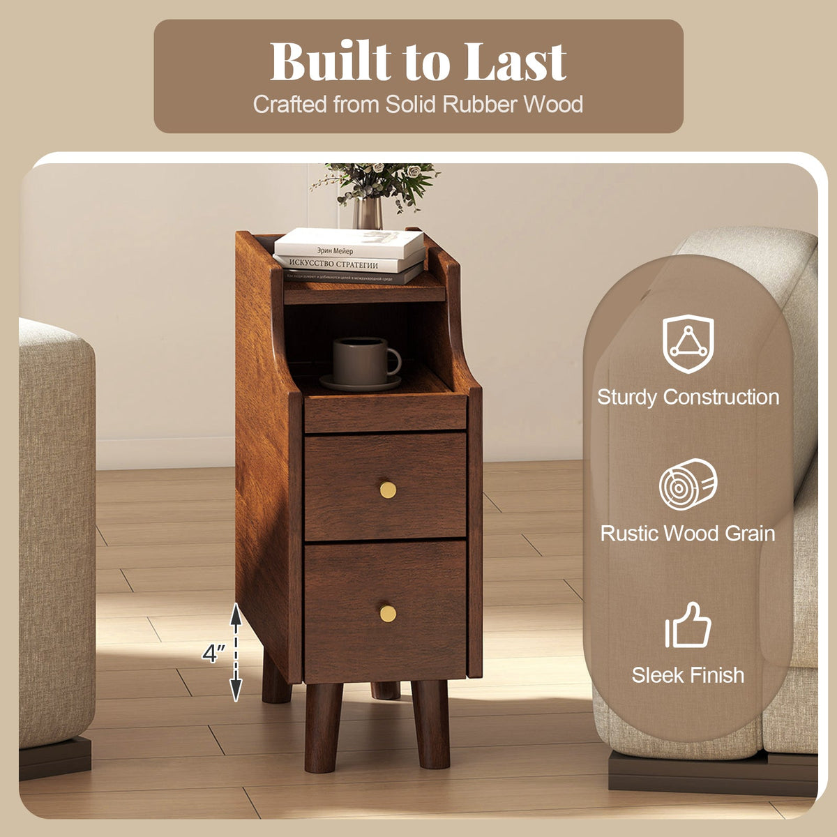 Solid Wood End Table Narrow Bedside Table with Pull-out Tray and 2 Storage Drawers-Brown