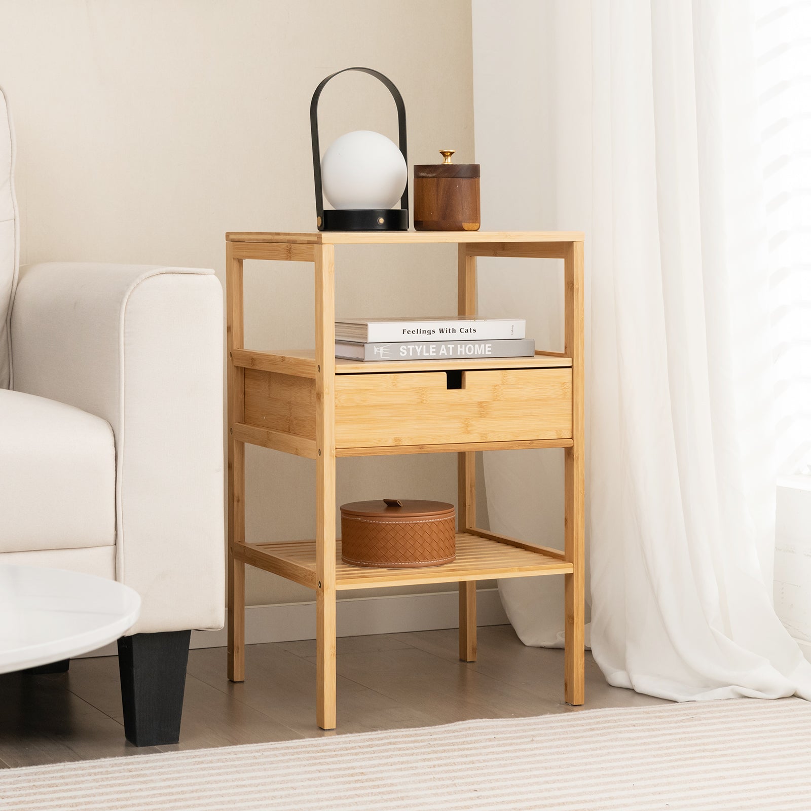 Bamboo Nightstand with Storage Drawer and Slatted Shelf