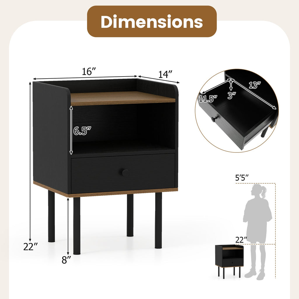 Nightstand with Drawer 3-Tier Sofa Side Table with Open Storage Shelf Set of 2-Black