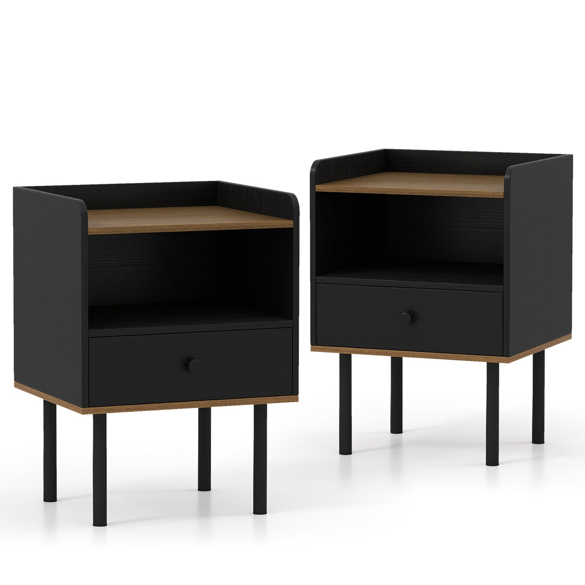 Nightstand with Drawer 3-Tier Sofa Side Table with Open Storage Shelf Set of 2-Black