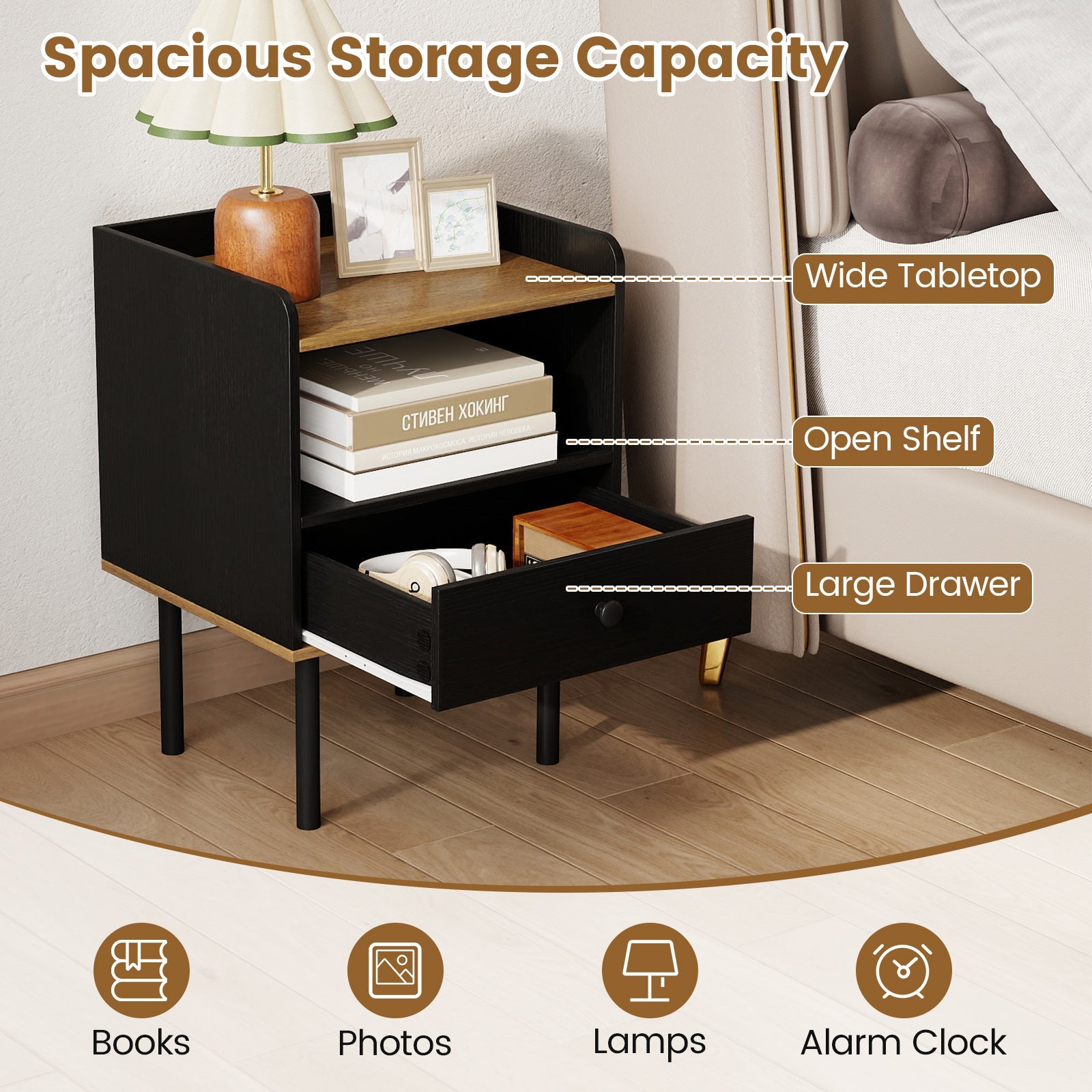 Nightstand with Drawer 3-Tier Sofa Side Table with Open Storage Shelf Set of 2-Black