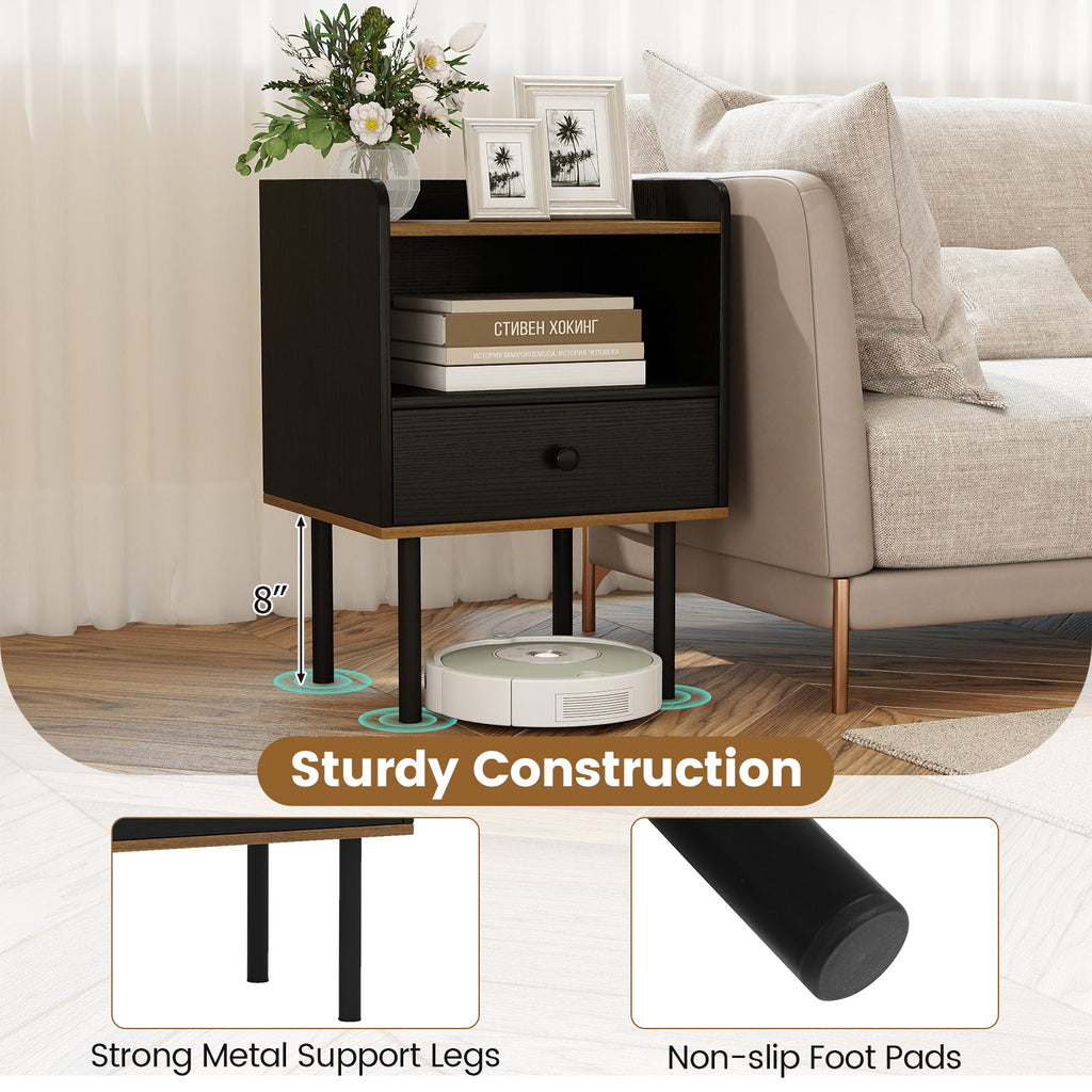 Nightstand with Drawer 3-Tier Sofa Side Table with Open Storage Shelf Set of 2-Black