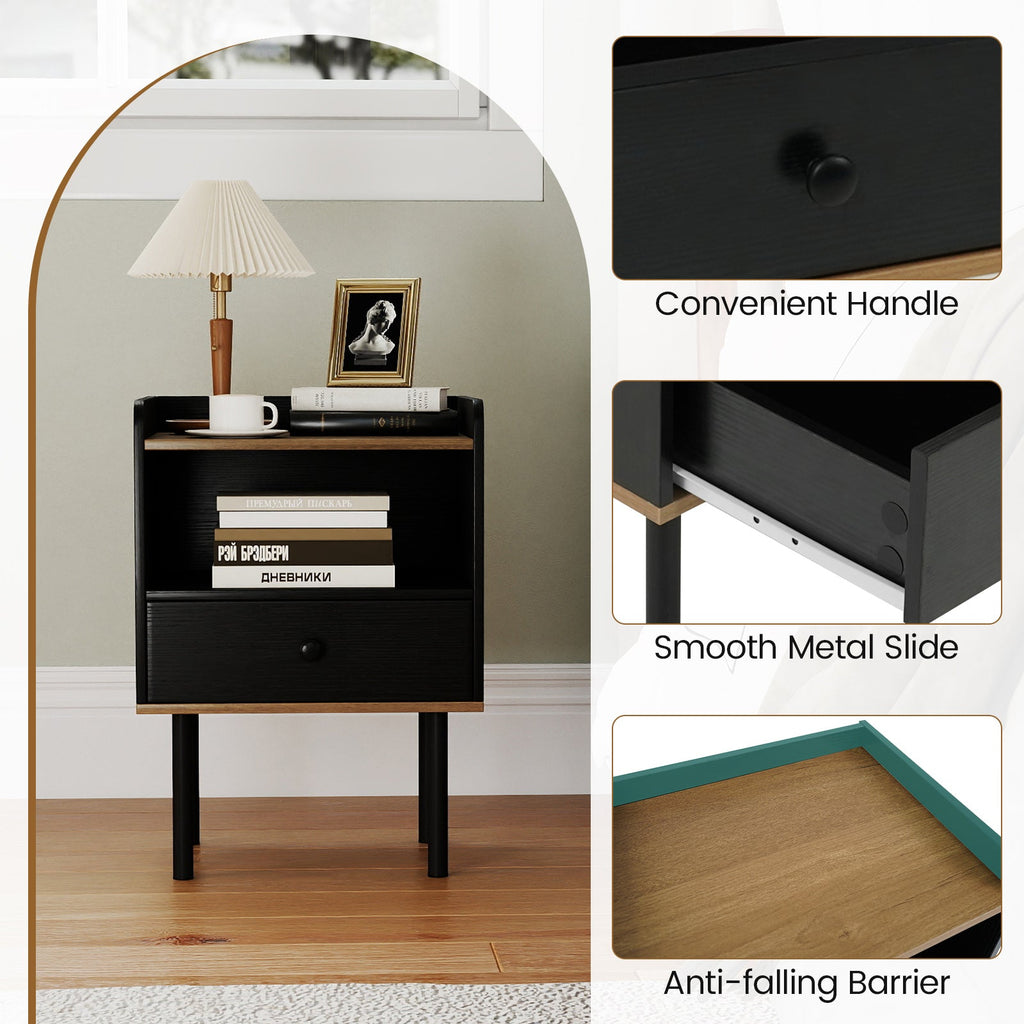 Nightstand with Drawer 3-Tier Sofa Side Table with Open Storage Shelf Set of 2-Black