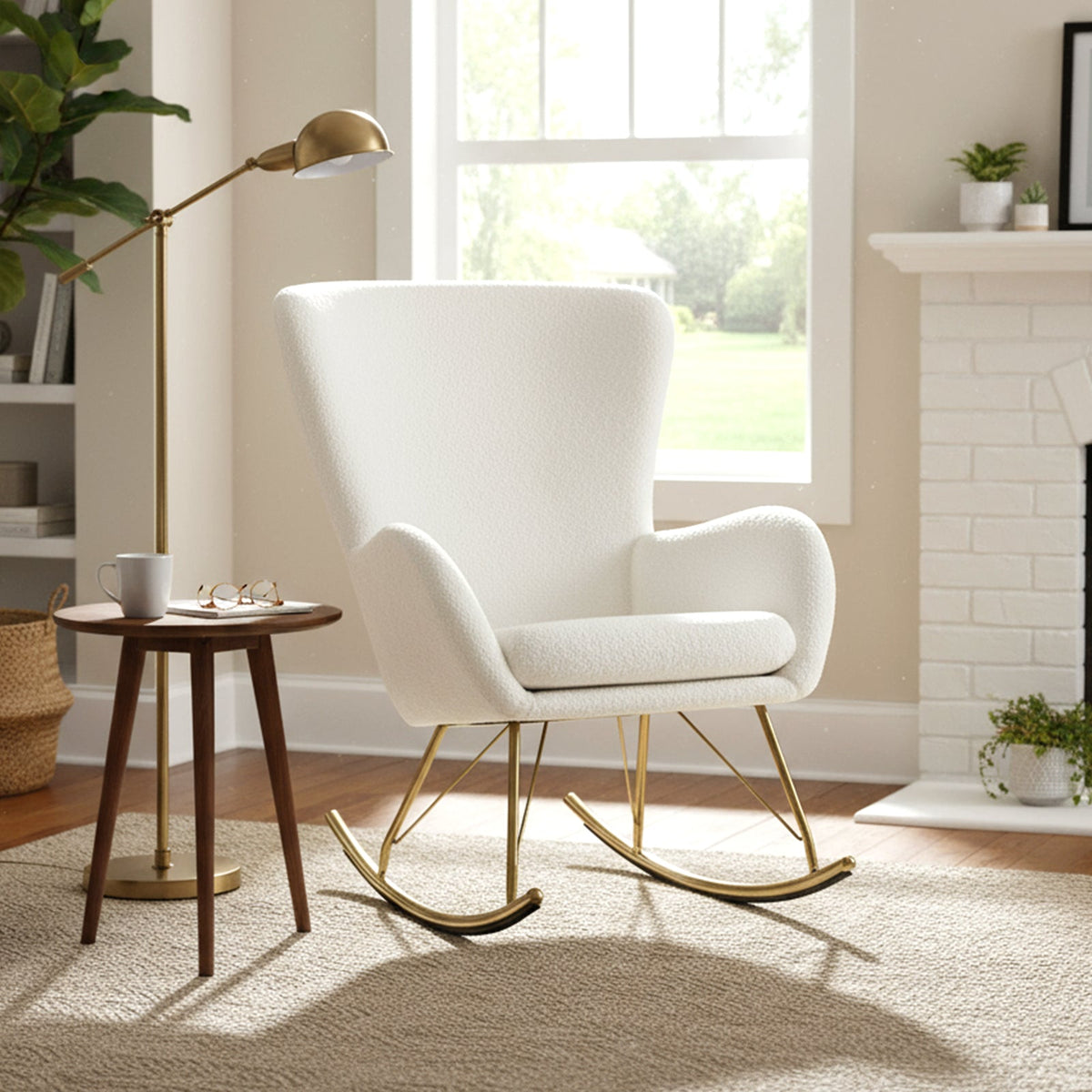 Nursery Rocking Chair with Curved Backrest and Armrests-White