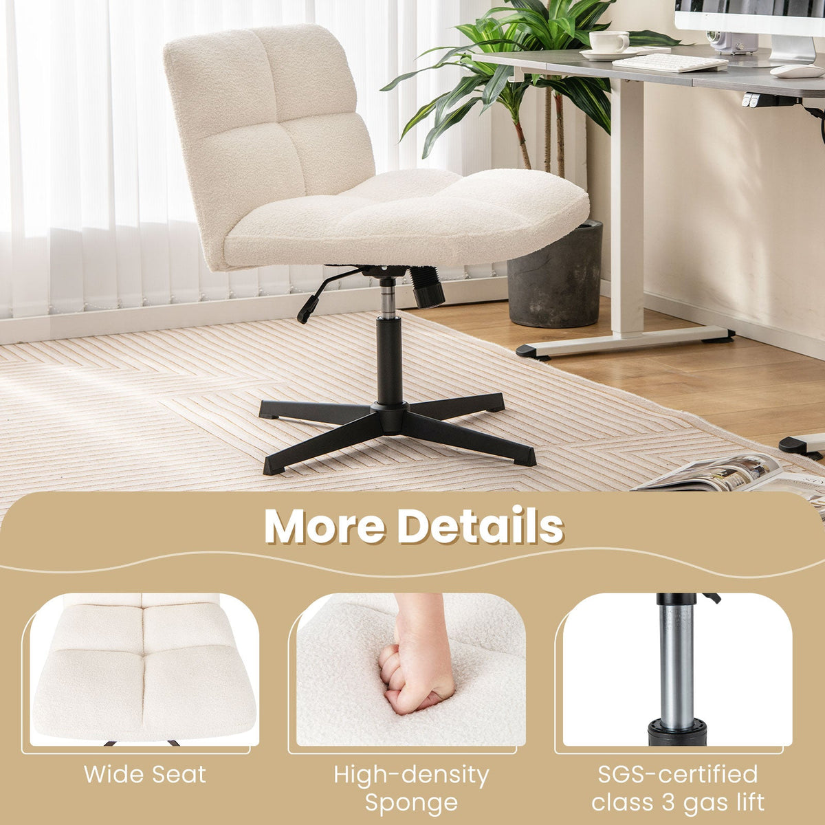 Office Armless Chair Cross Legged with Imitation Lamb Fleece and Adjustable Height