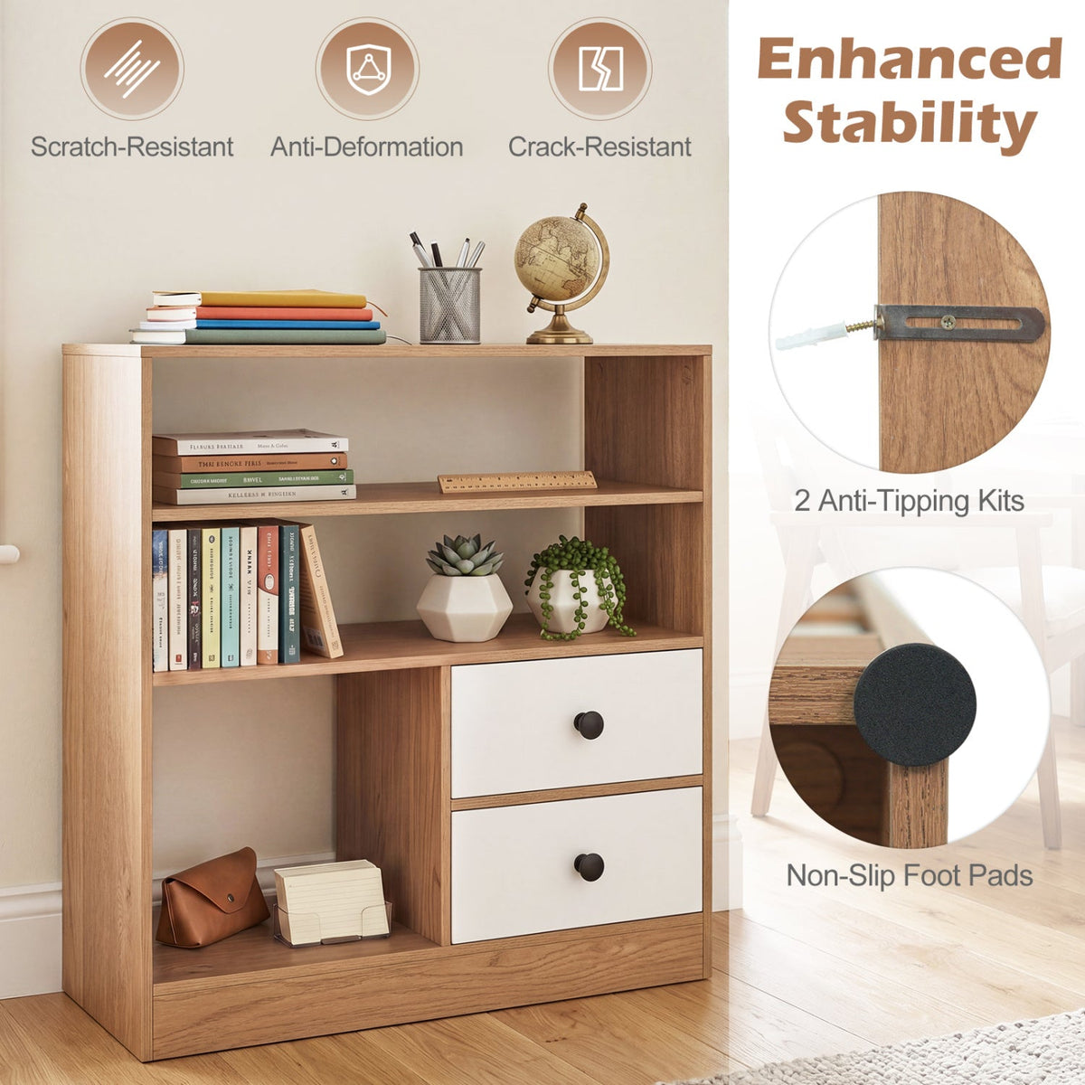 Storage Cabinet with 3 Shelves and 2 Fabric Drawers