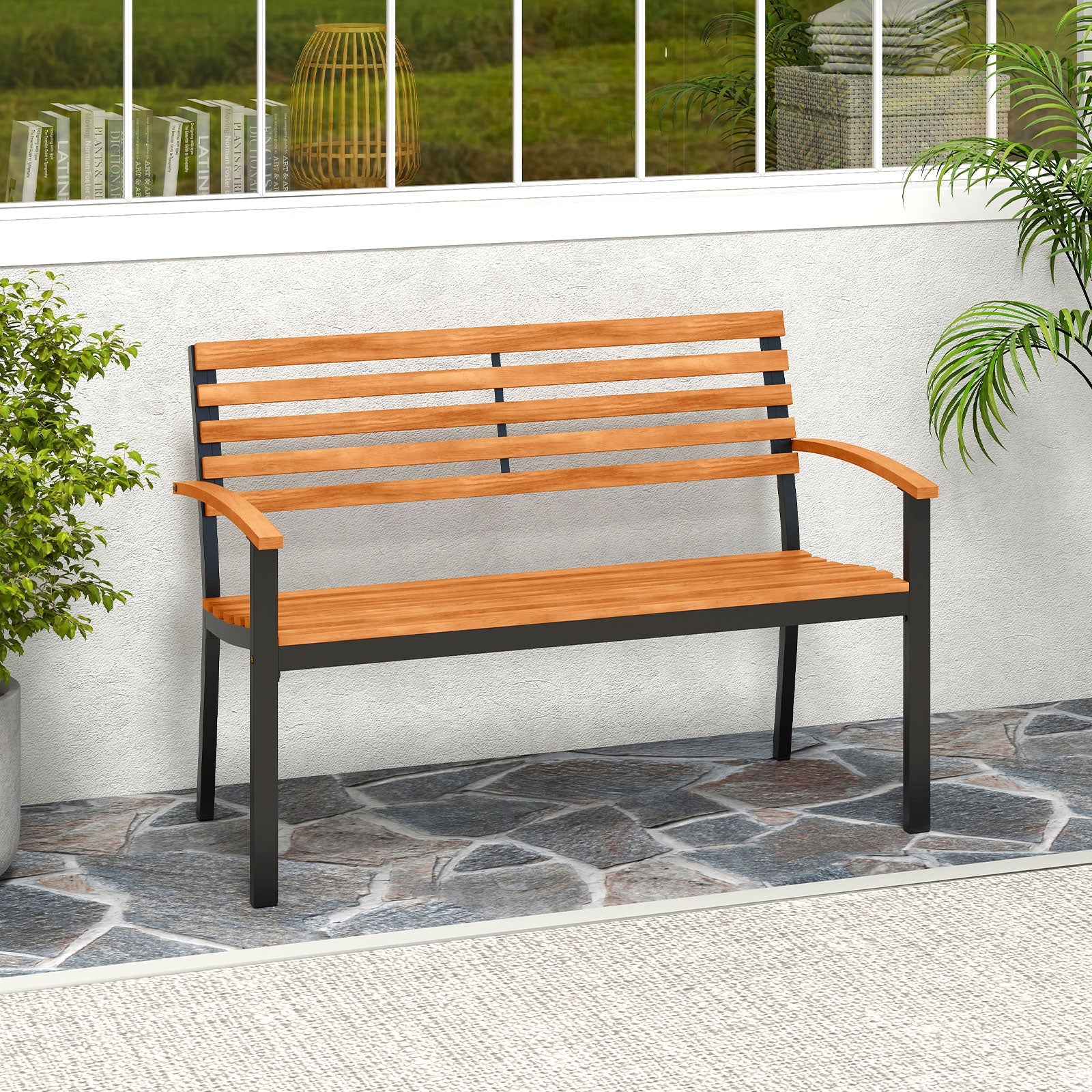 Outdoor Bench Acacia Wood Patio Loveseat with Backrest Armrests