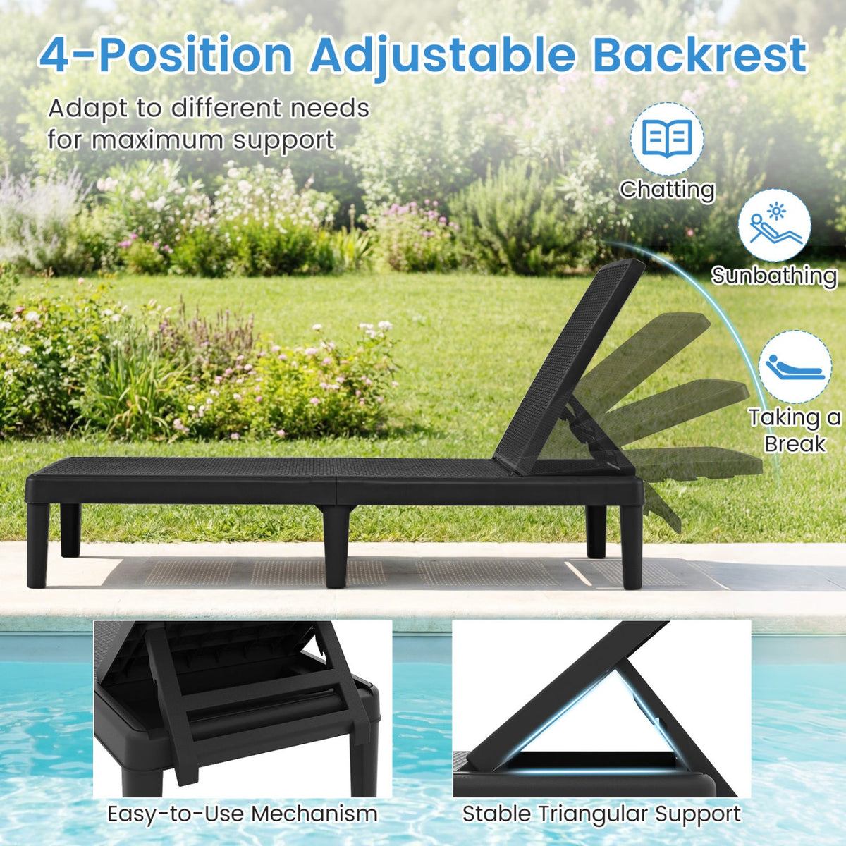 Outdoor Chaise Lounger Chair with Waterproof Rattan Textured PP Surface Set of 2