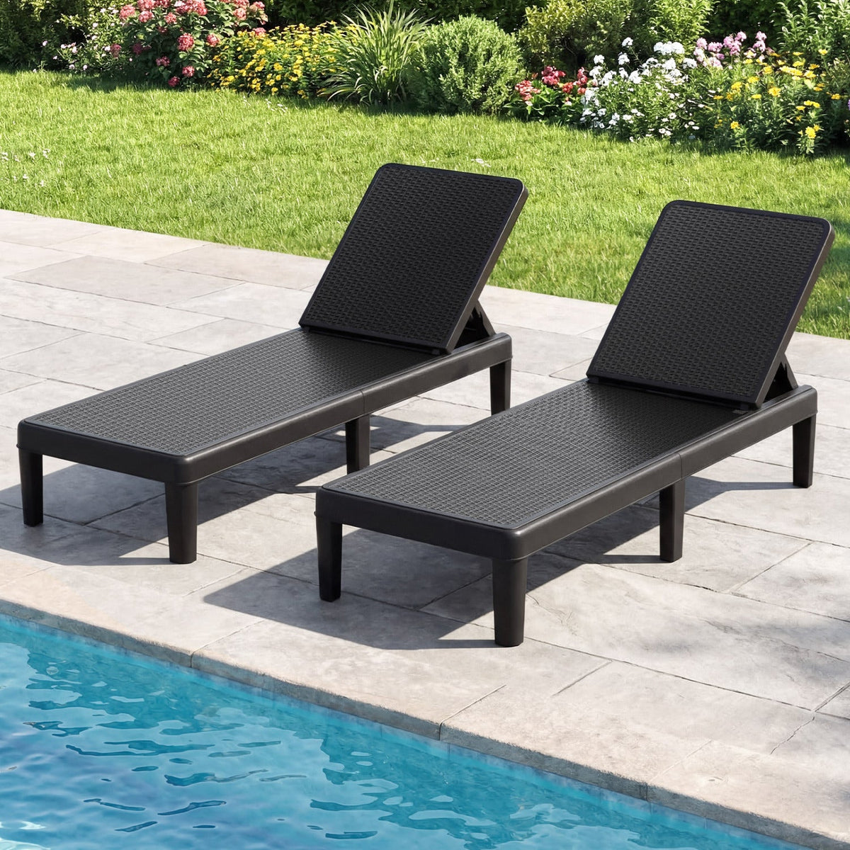 Outdoor Chaise Lounger Chair with Waterproof Rattan Textured PP Surface Set of 2