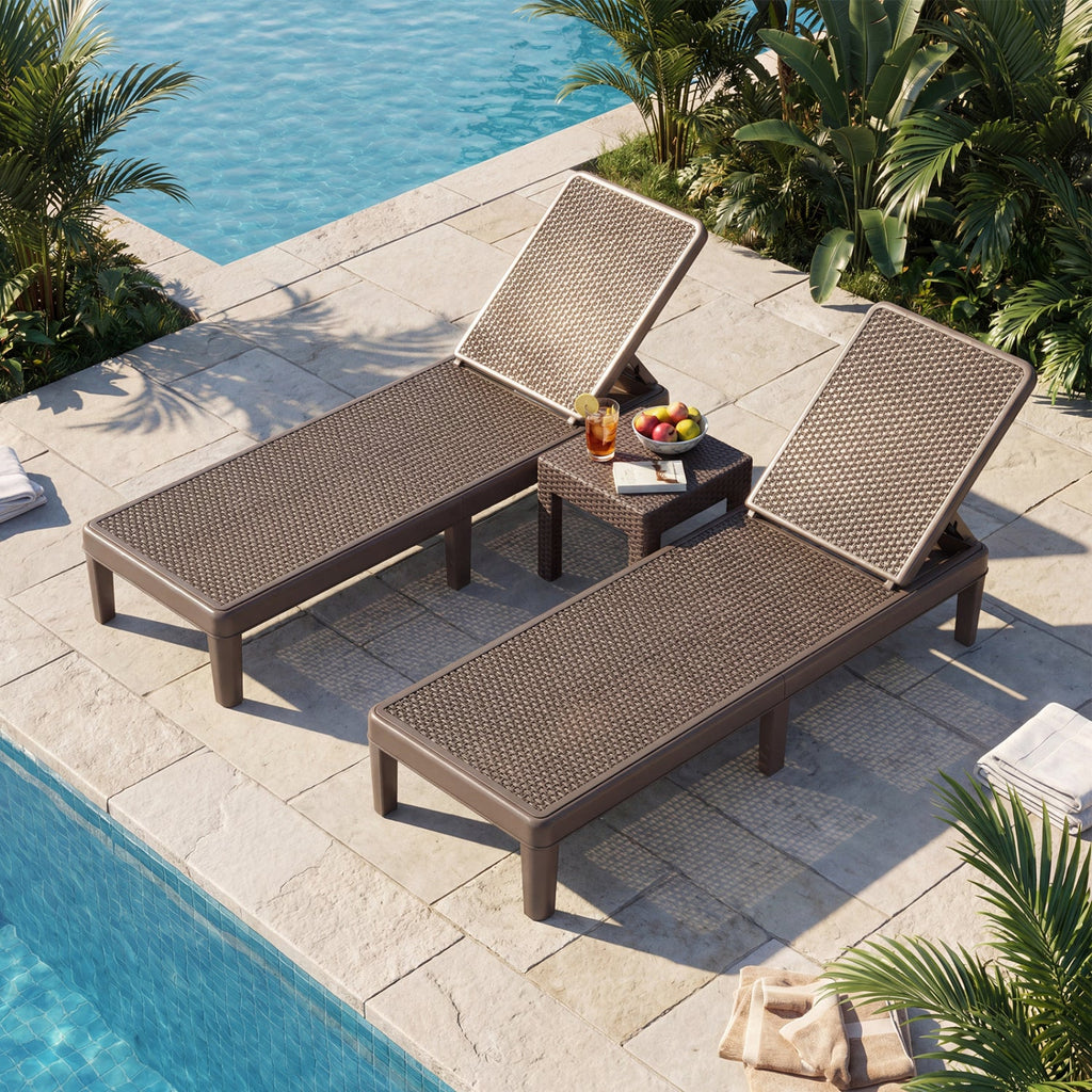 Outdoor Chaise Lounger Chair with Waterproof Rattan Textured PP Surface Set of 2