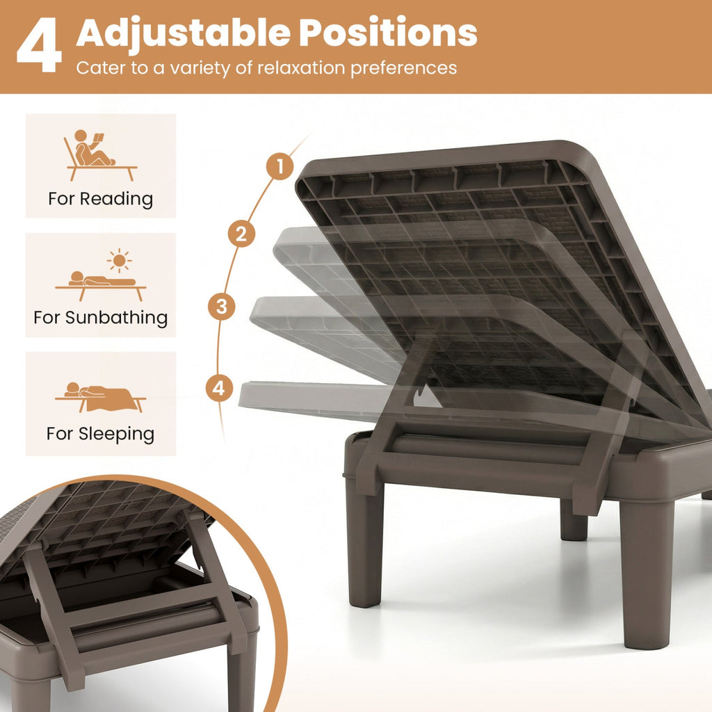 Outdoor Chaise Lounger Chair with Waterproof Rattan Textured PP Surface Set of 2