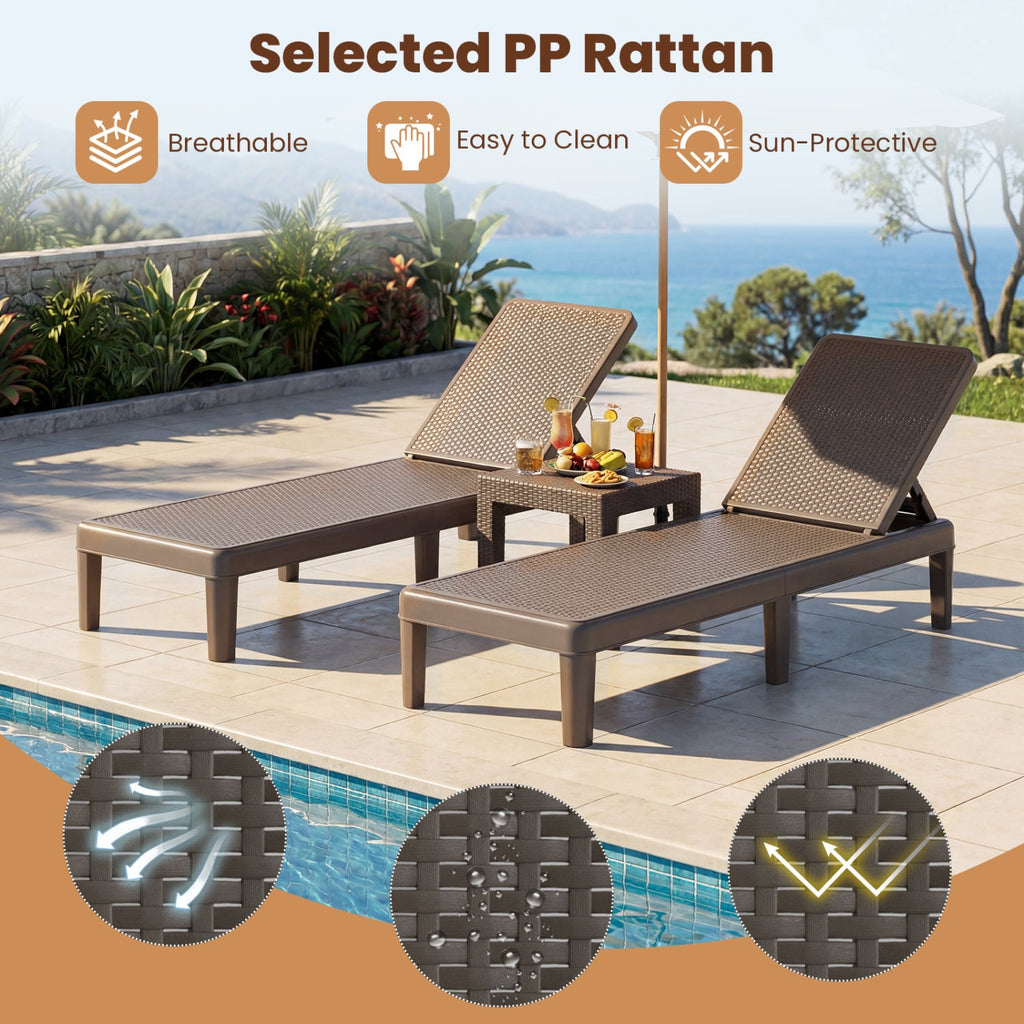 Outdoor Chaise Lounger Chair with Waterproof Rattan Textured PP Surface Set of 2