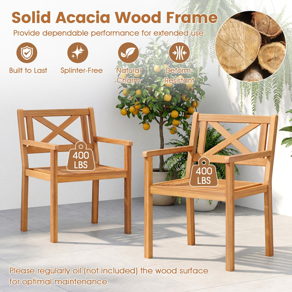 Outdoor Garden Acacia Wood Patio Dining Chairs for Porch