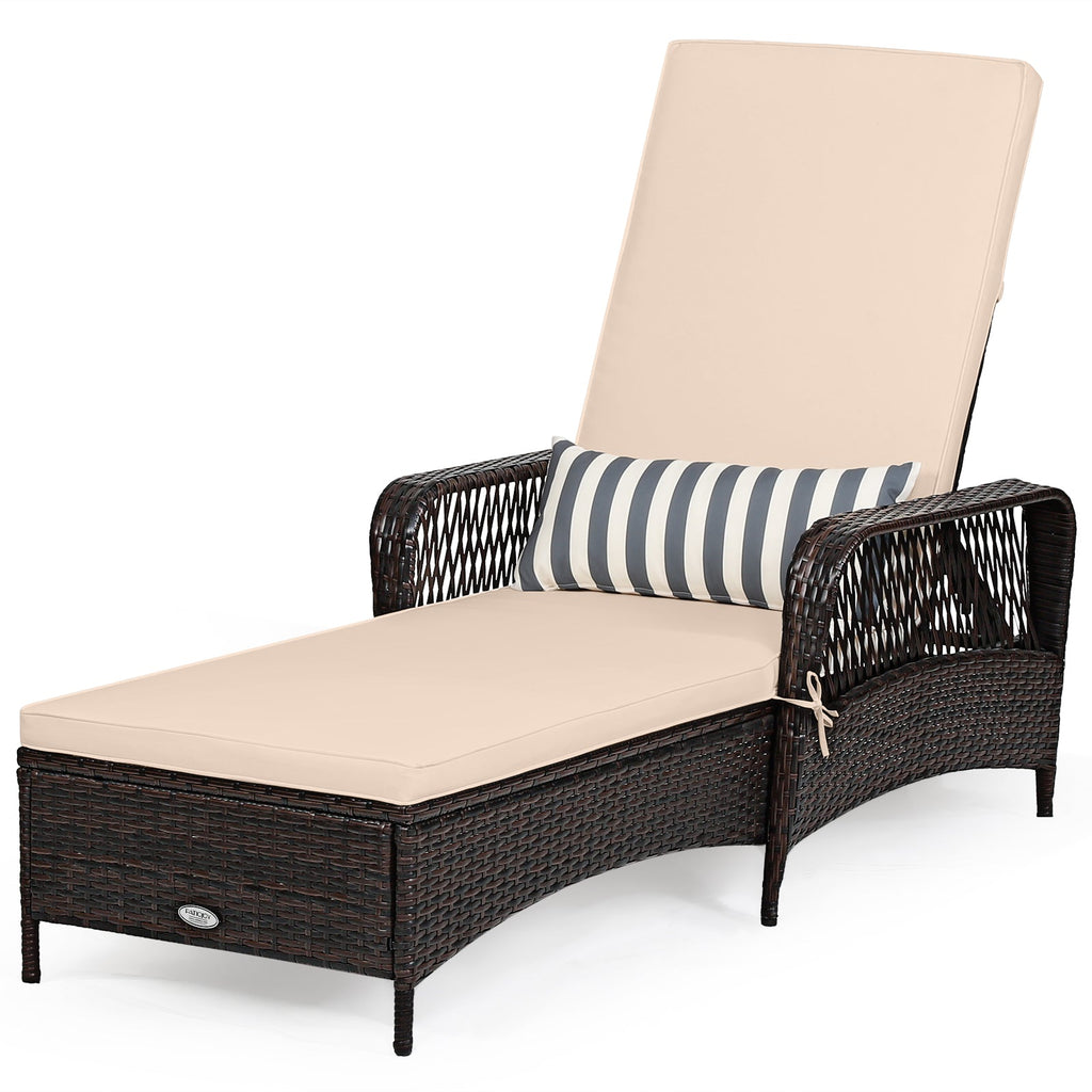 Outdoor Patio Wicker Chaise Lounge Chair with Adjustable Backrest and Pillow
