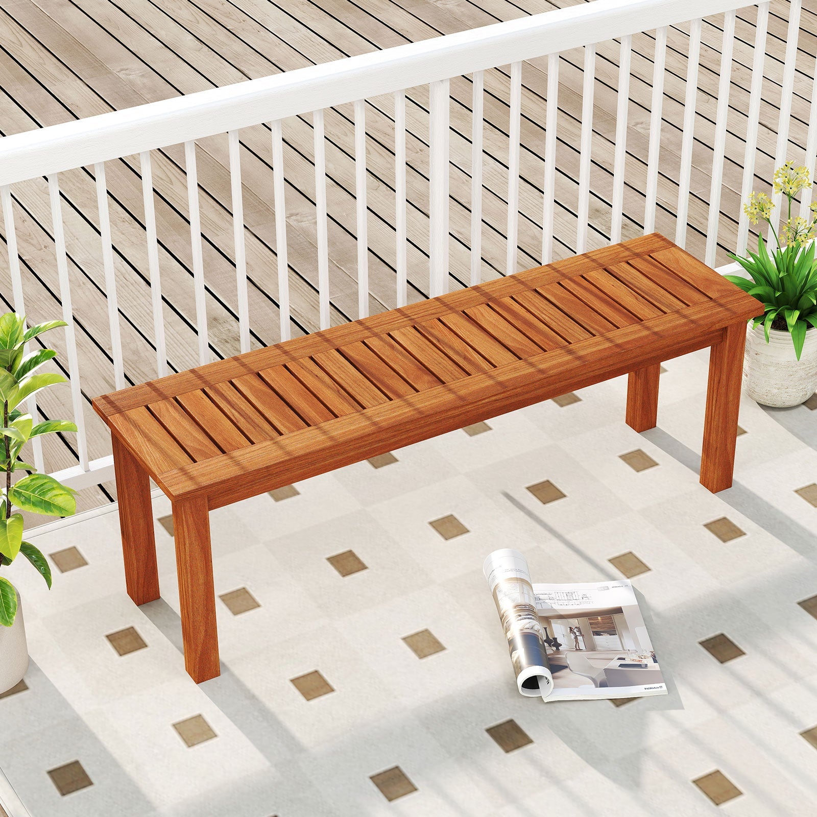 Outdoor Wood Bench 2-Person Backless Patio Garden Bench with Slatted Seat