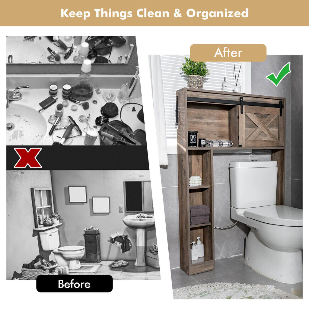 4-Tier Over The Toilet Storage Cabinet with Sliding Barn Door and Storage Shelves