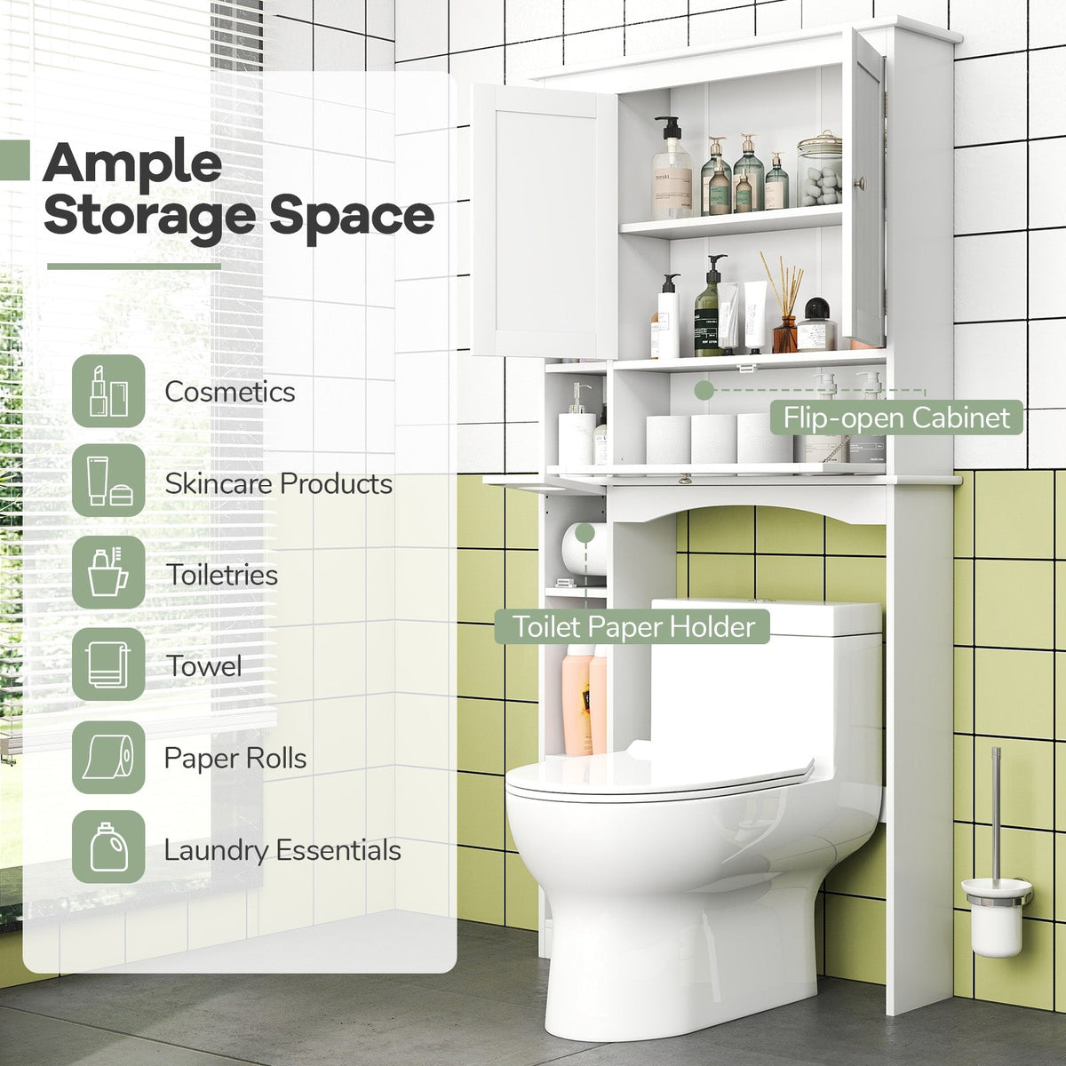 Over the Toilet Storage Cabinet with Adjustable Shelf and Bottom Bar-White