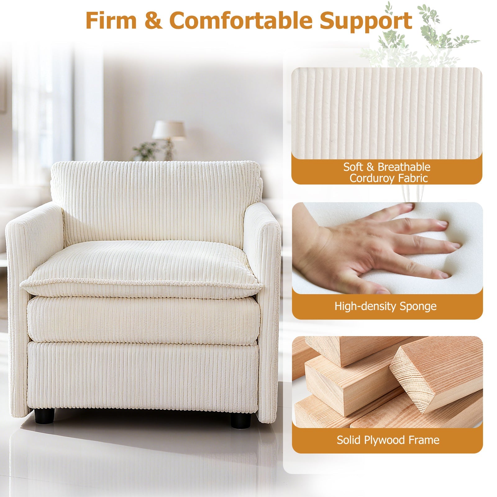 Oversized Accent Chair with Ottoman with Soft Corduroy Cushions-Beige