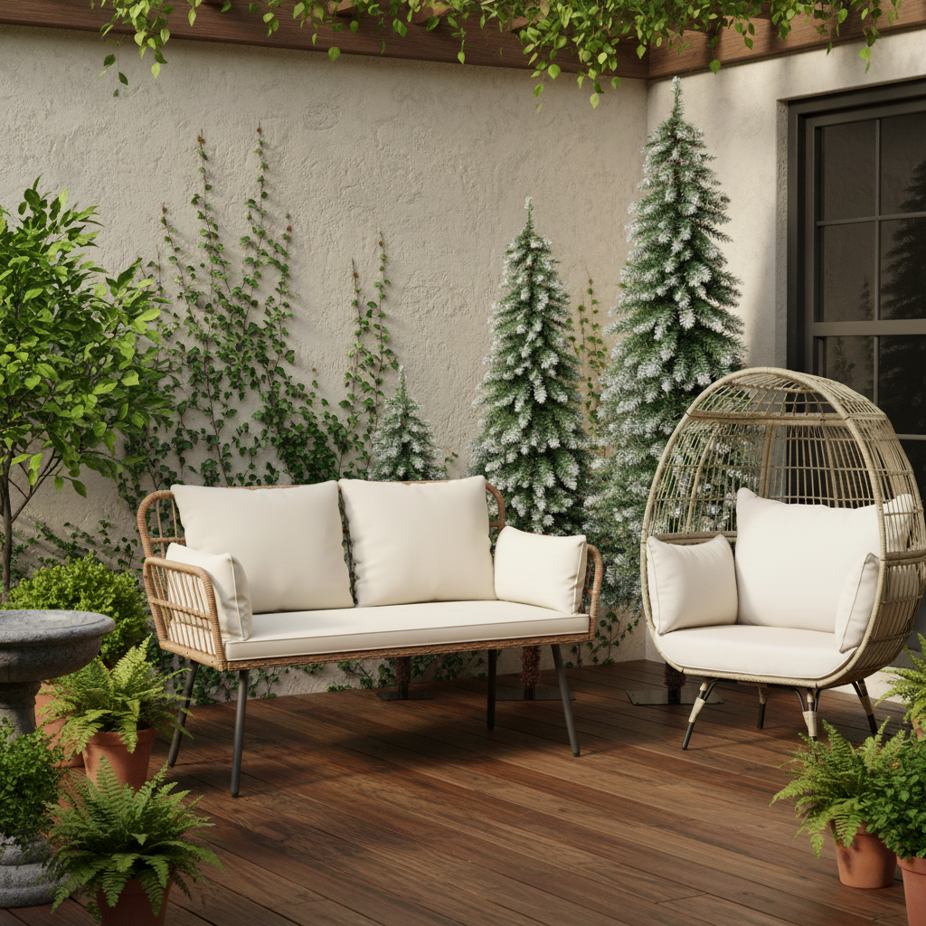 Oversized Rattan Egg Lounge Chair & 2-Seat Rattan Sofa with Cushions