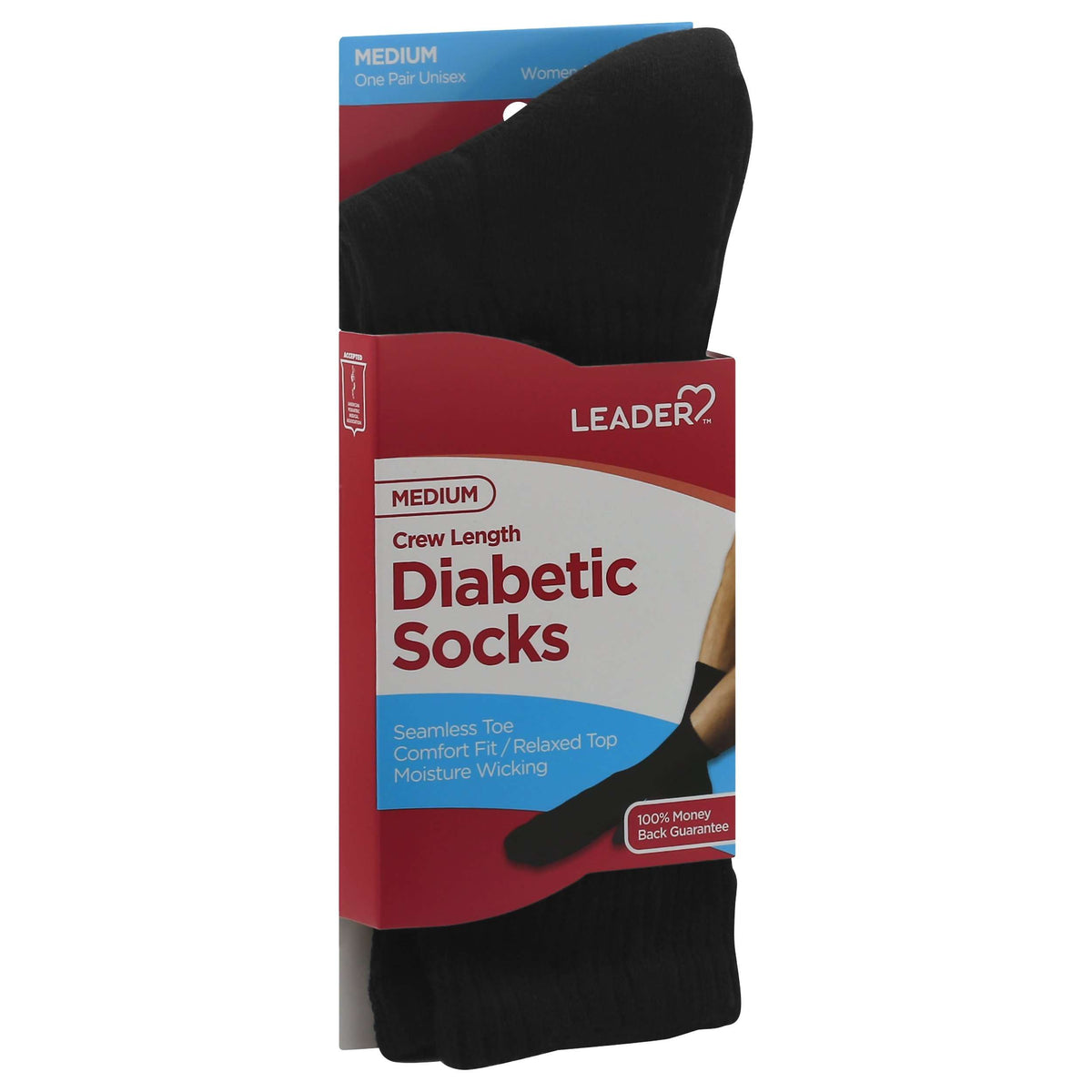 Leader Health Care Diabetic Sock Crew Black Medium - 1 Pair