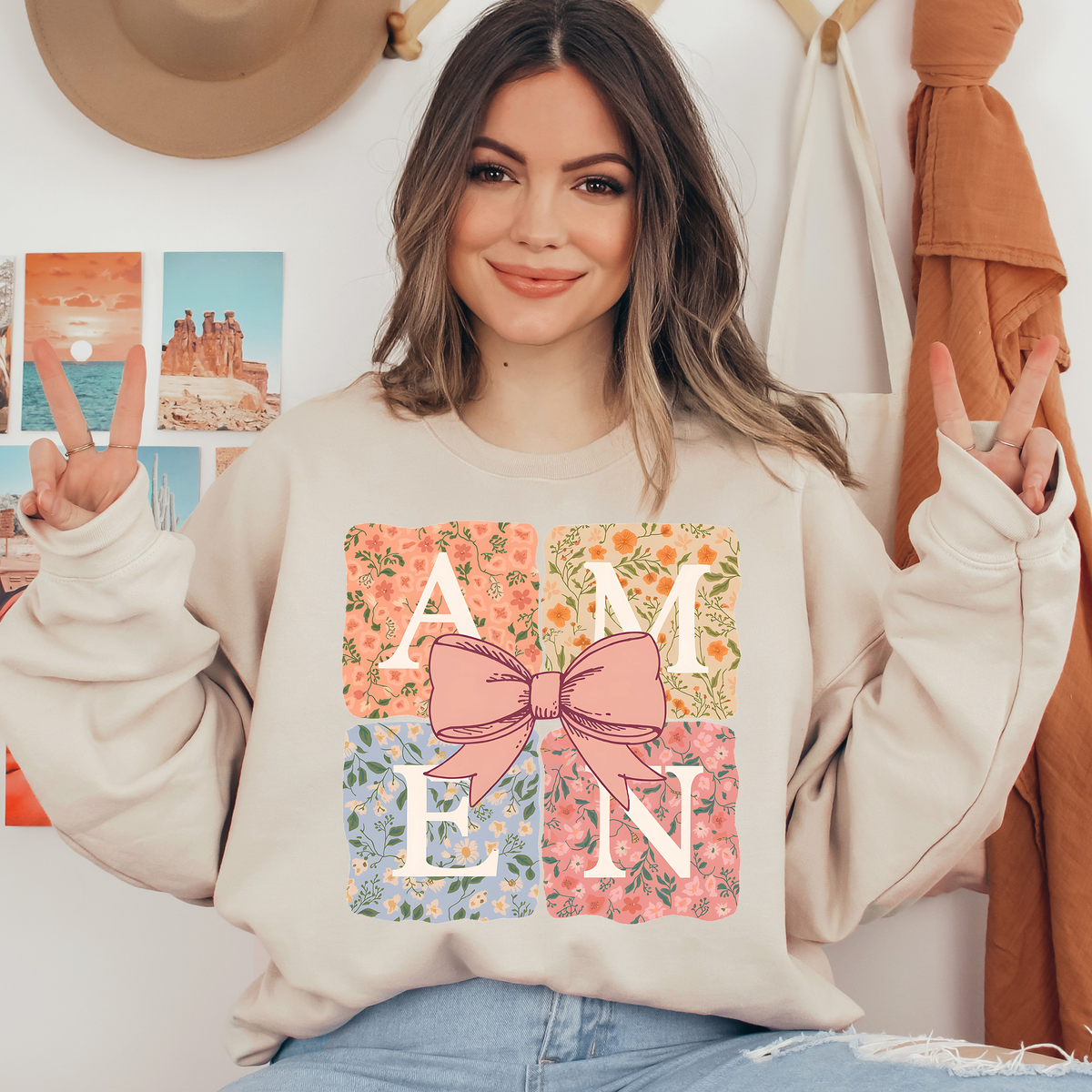 AMEN Flower Bow Retro Ready To Press DTF Transfers, DTF Hot Peel