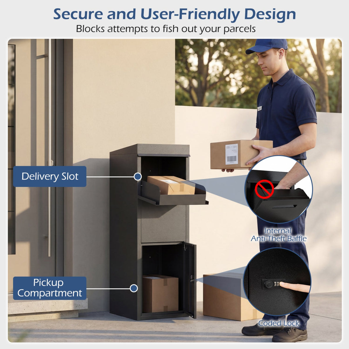 Package Delivery Box for Outside with Anti-Theft Baffle Sloped Roof