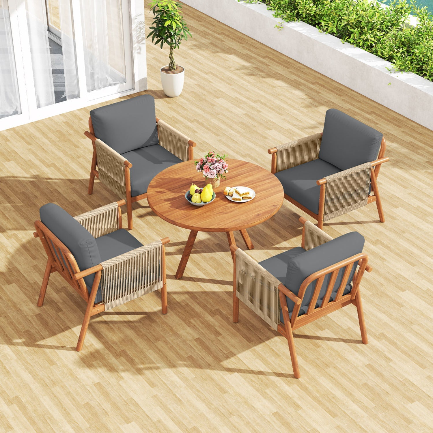 Patio Acacia Wood Chair with Woven Rope Armrests and Seat Back Cushions for Backyard