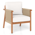 Patio Acacia Wood Chair with Woven Rope Armrests and Seat Back Cushions for Backyard