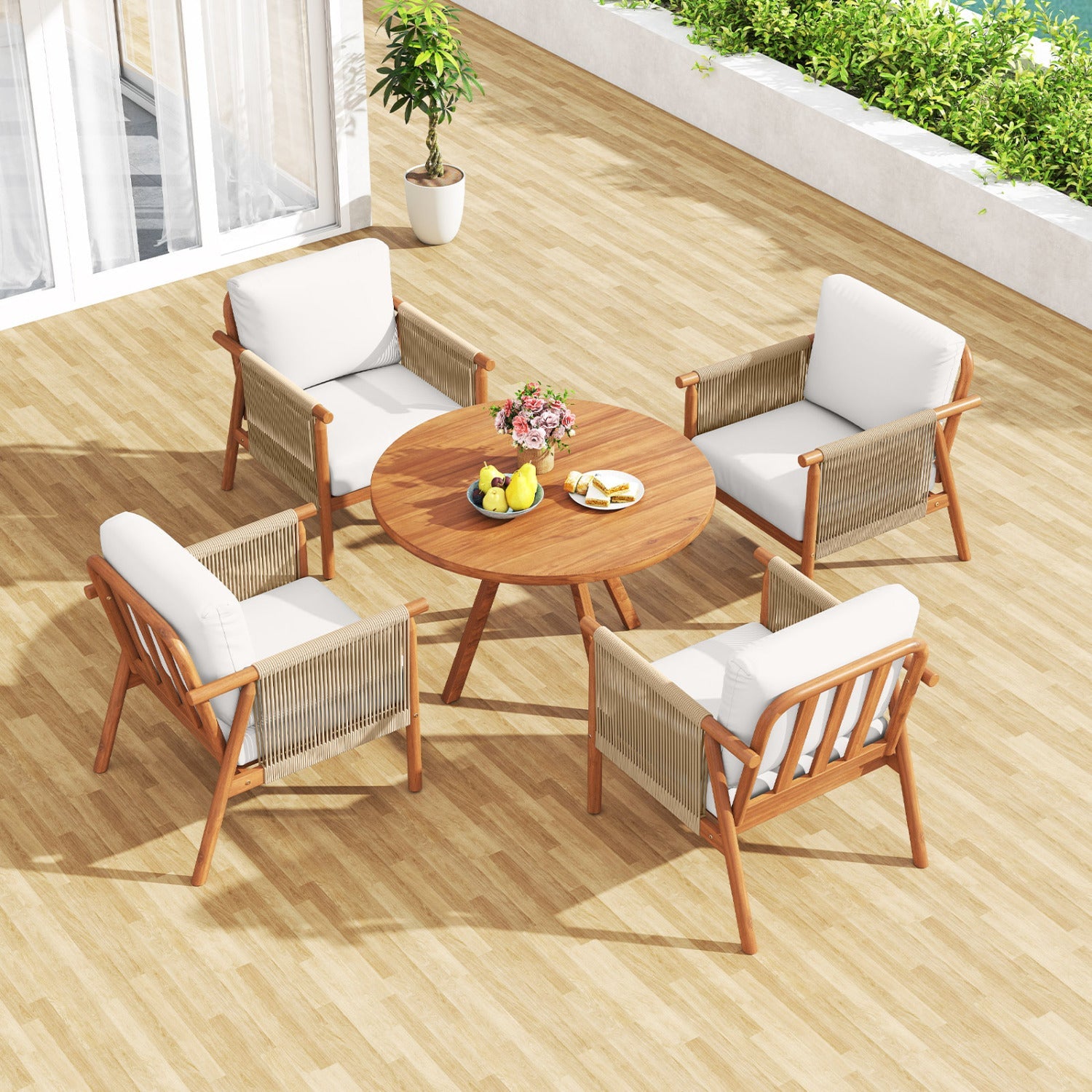 Patio Acacia Wood Chair with Woven Rope Armrests and Seat Back Cushions for Backyard