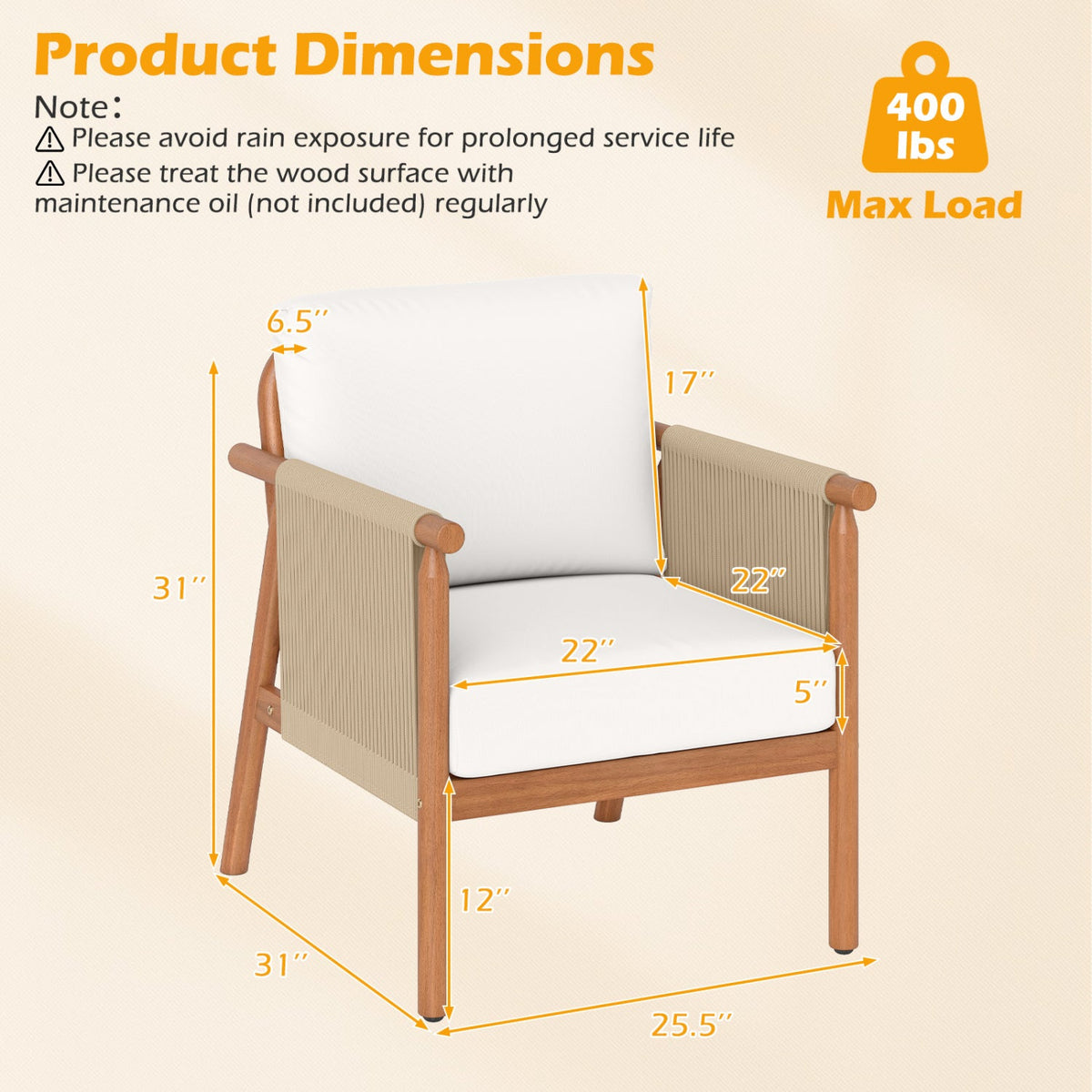 Patio Acacia Wood Chair with Woven Rope Armrests and Seat Back Cushions for Backyard