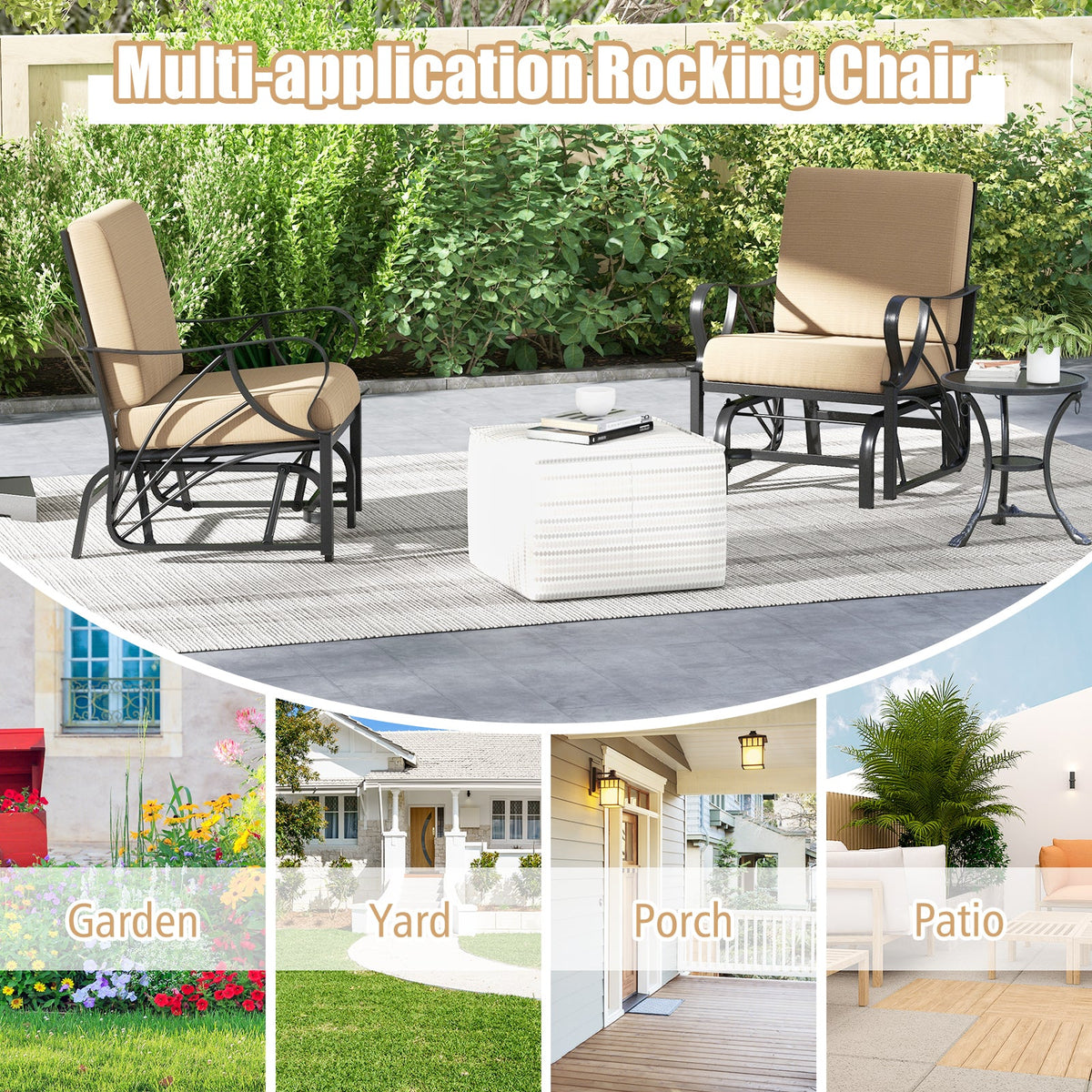 Patio Glider Rocking Chair with Thick Cushion and Curved Armrest