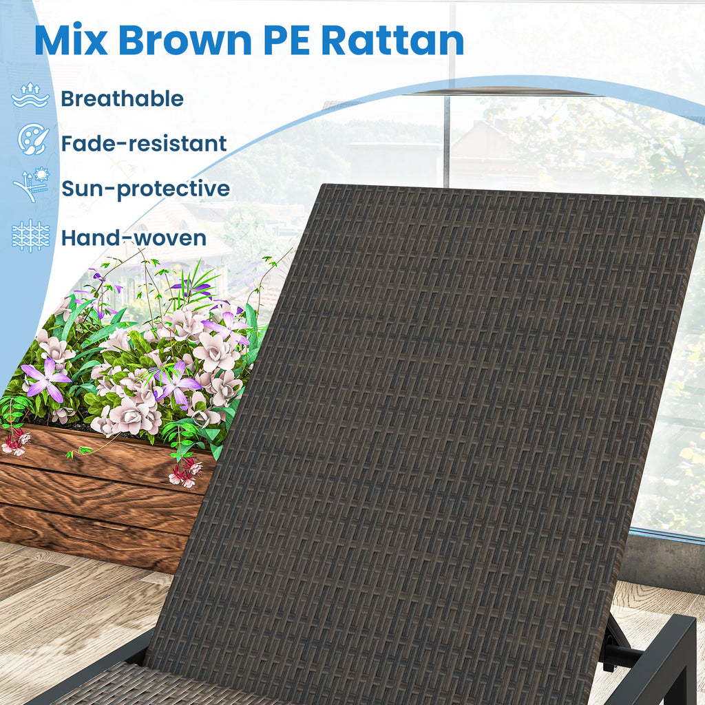 Patio PE Rattan Chaise Lounge with 5-Level Backrest and Wheels-Brown